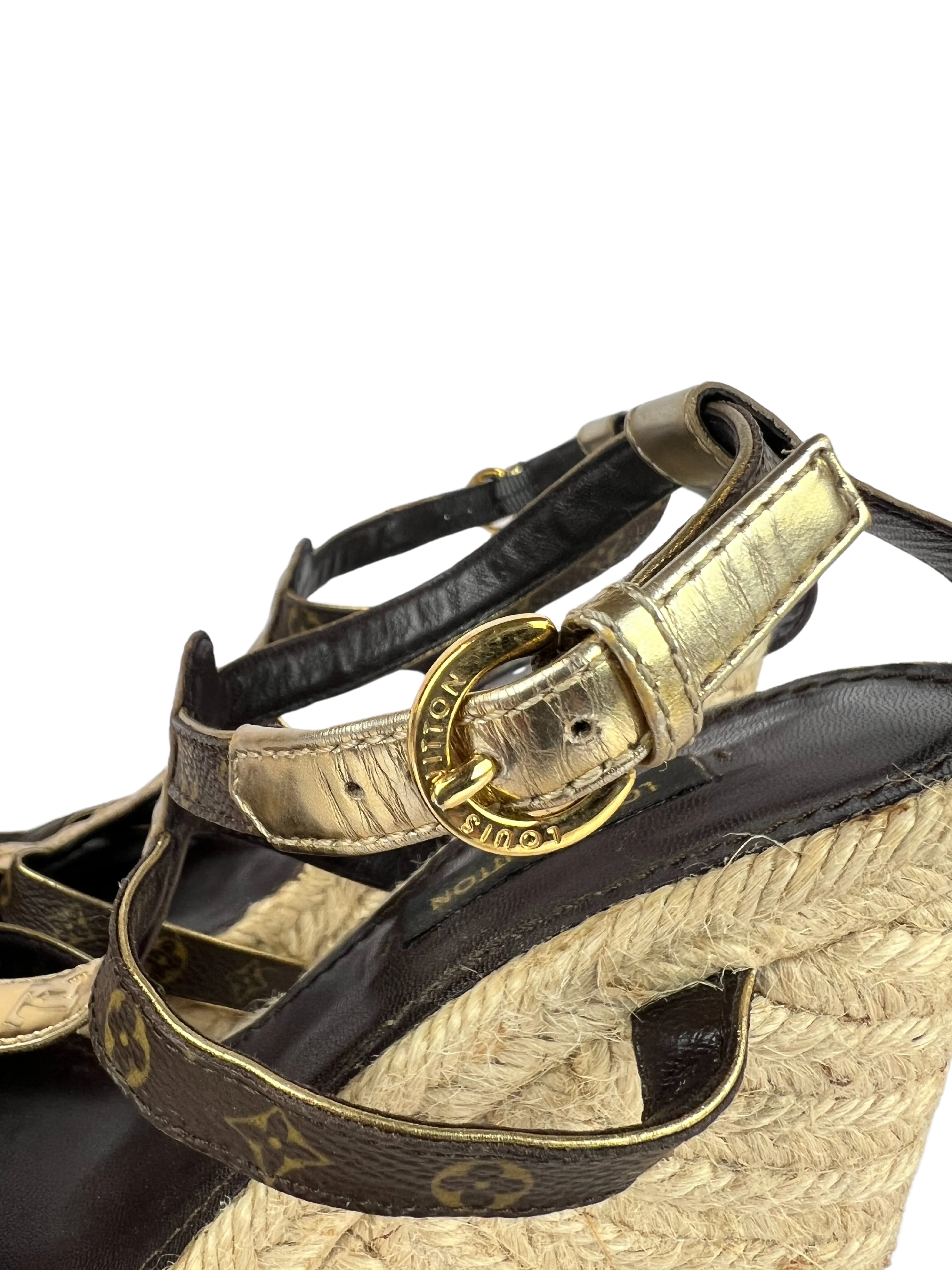 Louis Vuitton Monogram/Metallic Espadrille Wedge Sandals, Size 36 EU/6 US