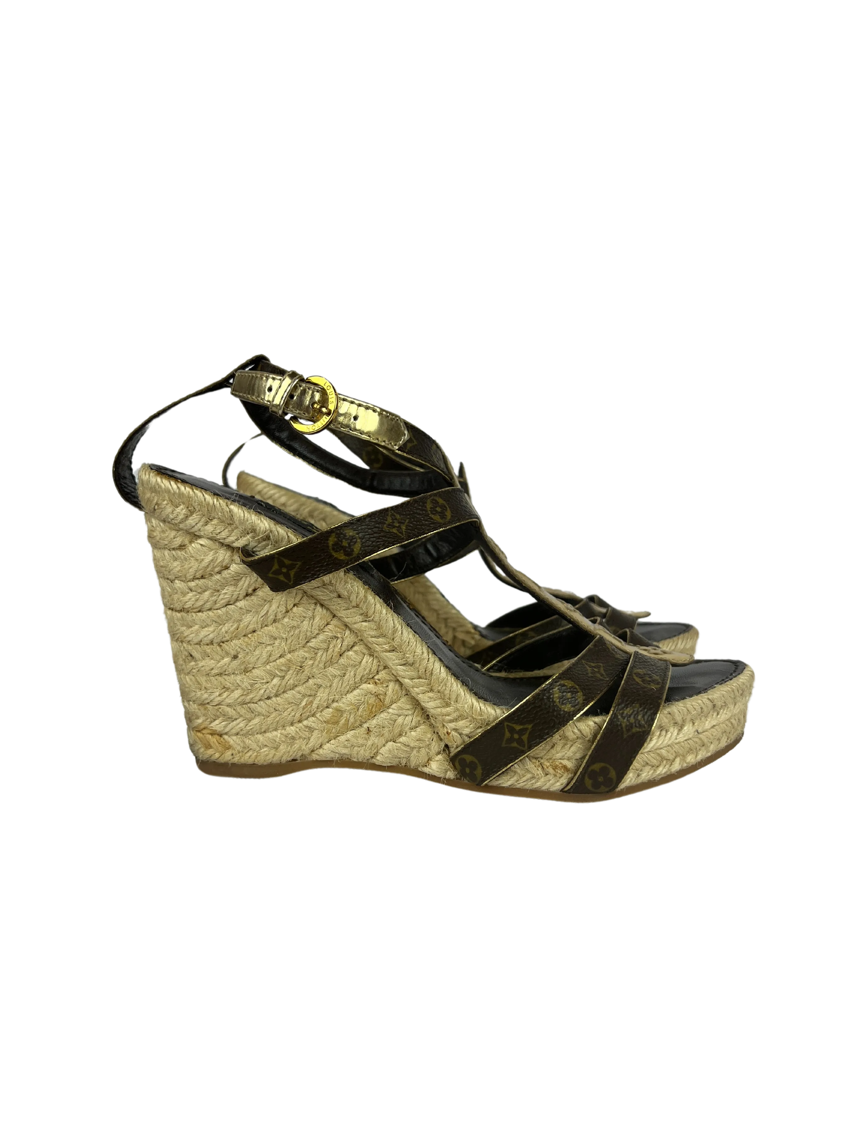 Louis Vuitton Monogram/Metallic Espadrille Wedge Sandals, Size 36 EU/6 US