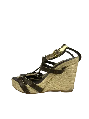 Louis Vuitton Monogram/Metallic Espadrille Wedge Sandals, Size 36 EU/6 US