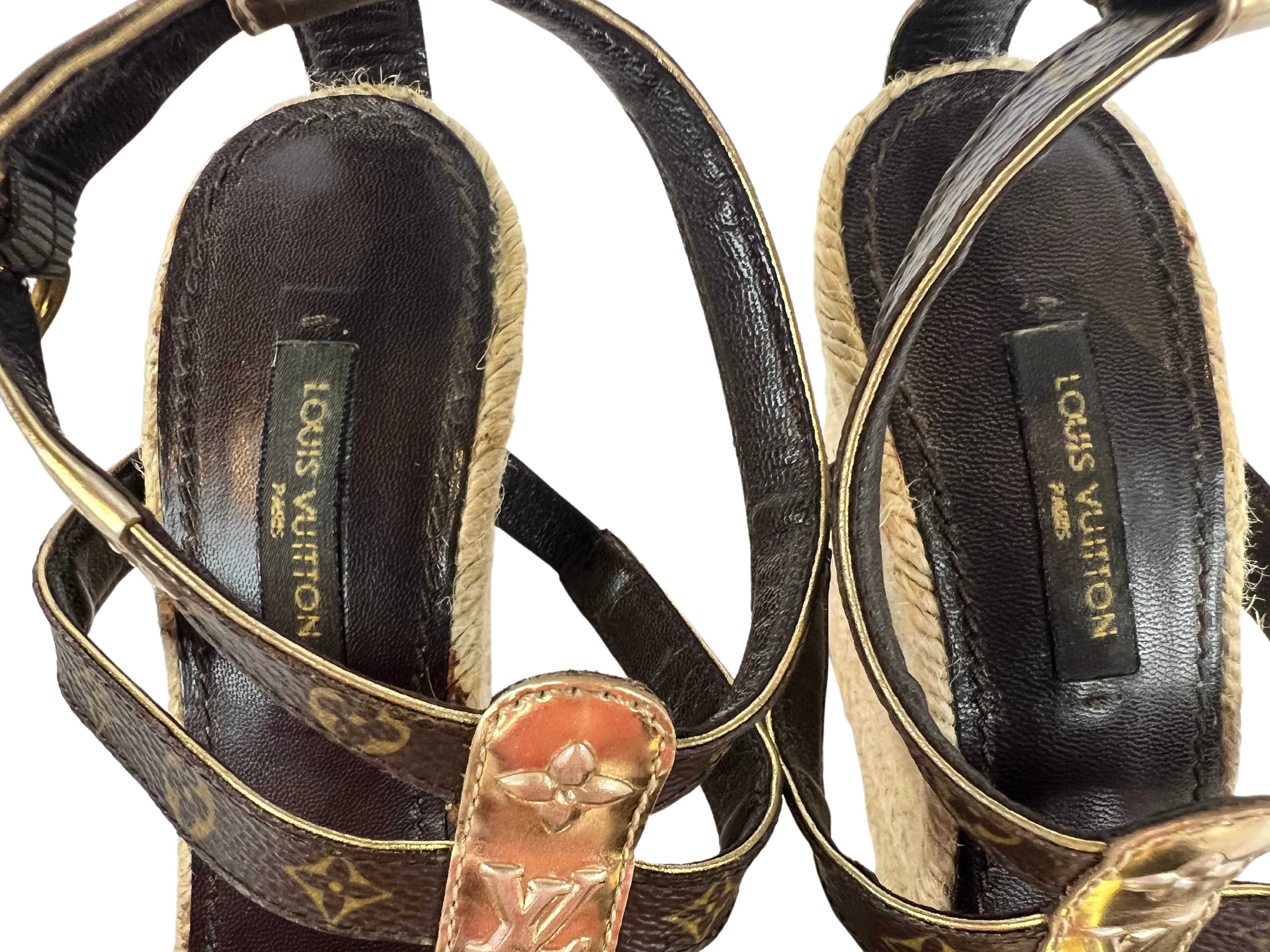 Louis Vuitton Monogram/Metallic Espadrille Wedge Sandals, Size 36 EU/6 US