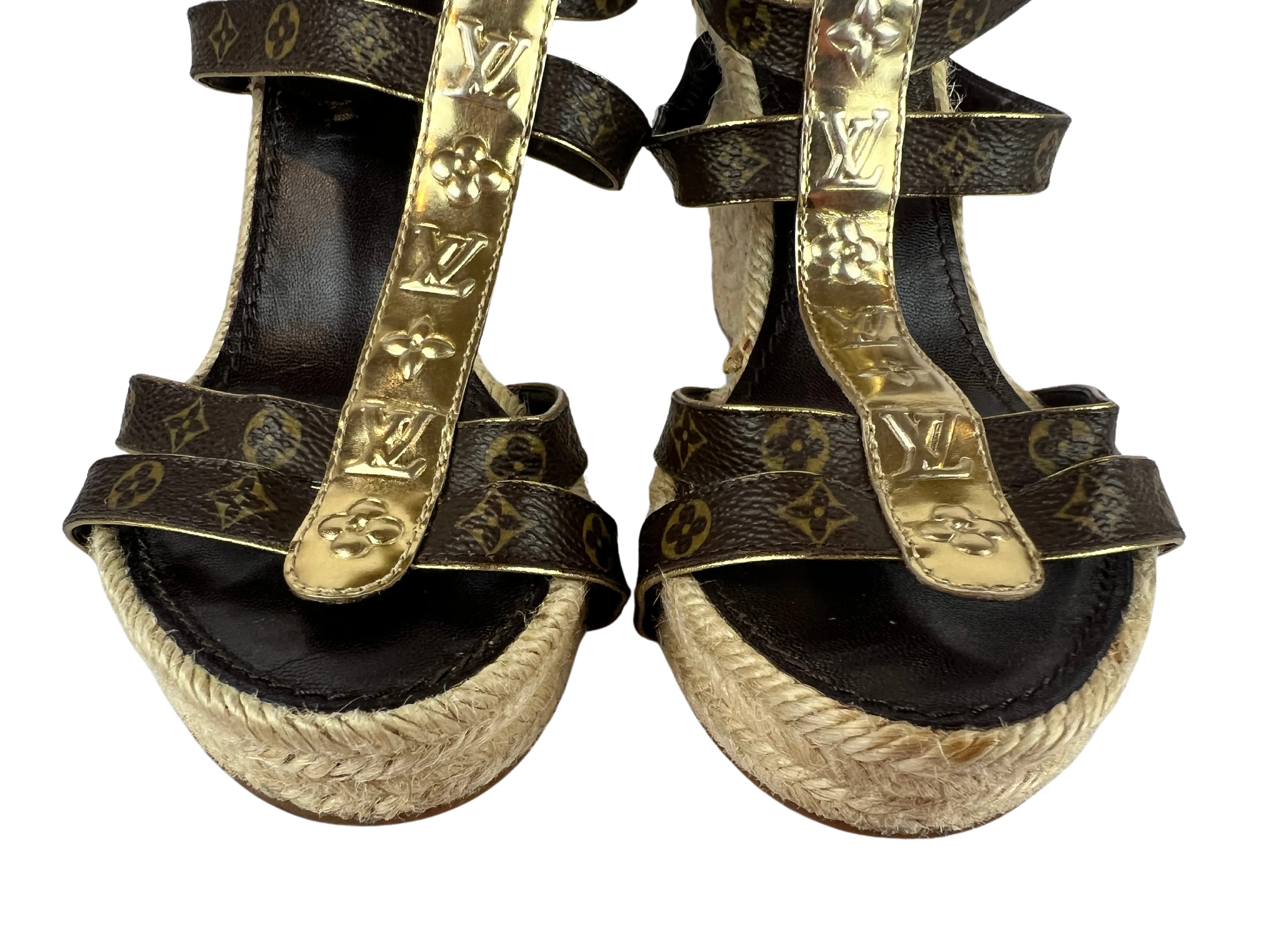 Louis Vuitton Monogram/Metallic Espadrille Wedge Sandals, Size 36 EU/6 US