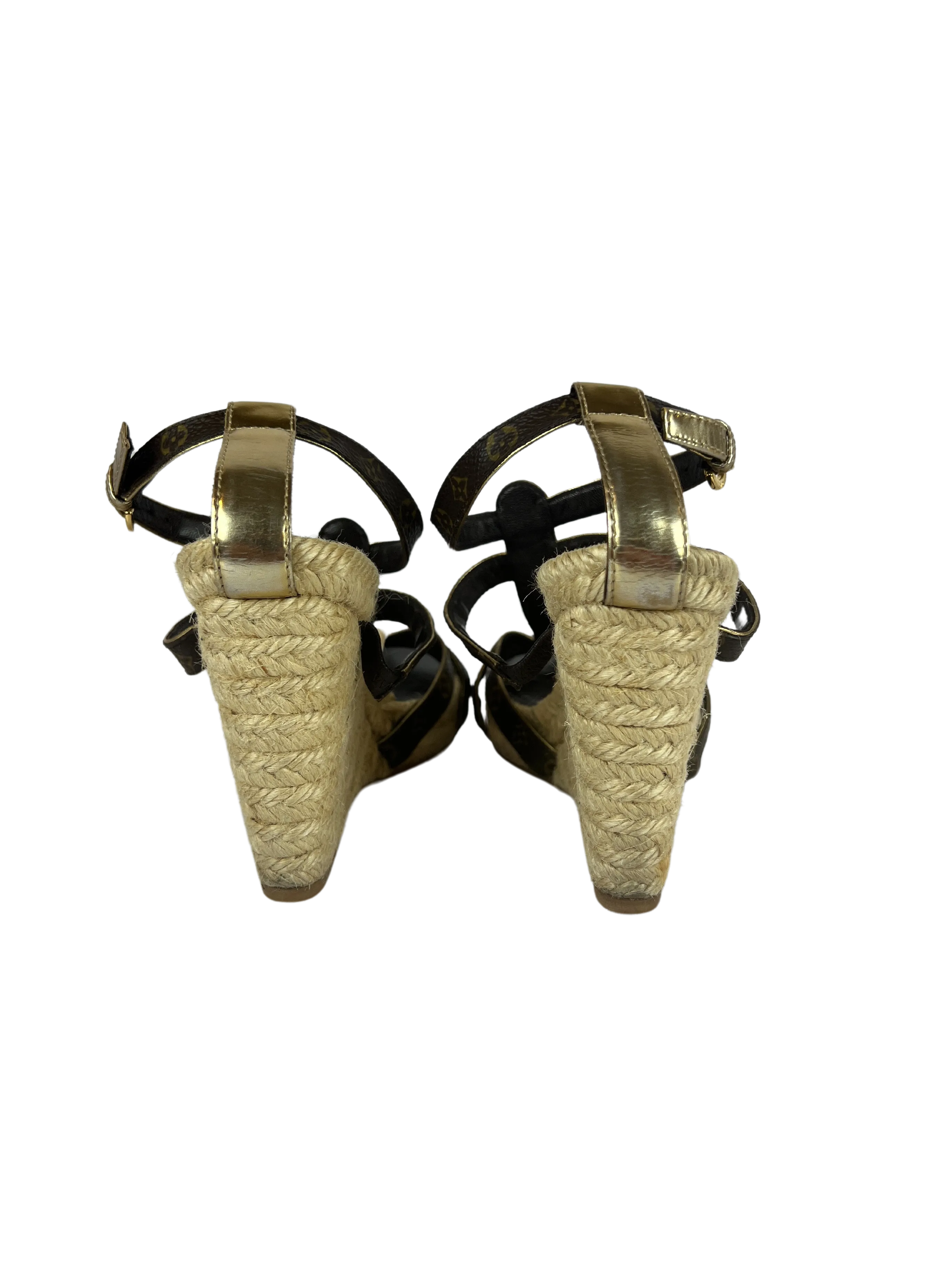Louis Vuitton Monogram/Metallic Espadrille Wedge Sandals, Size 36 EU/6 US