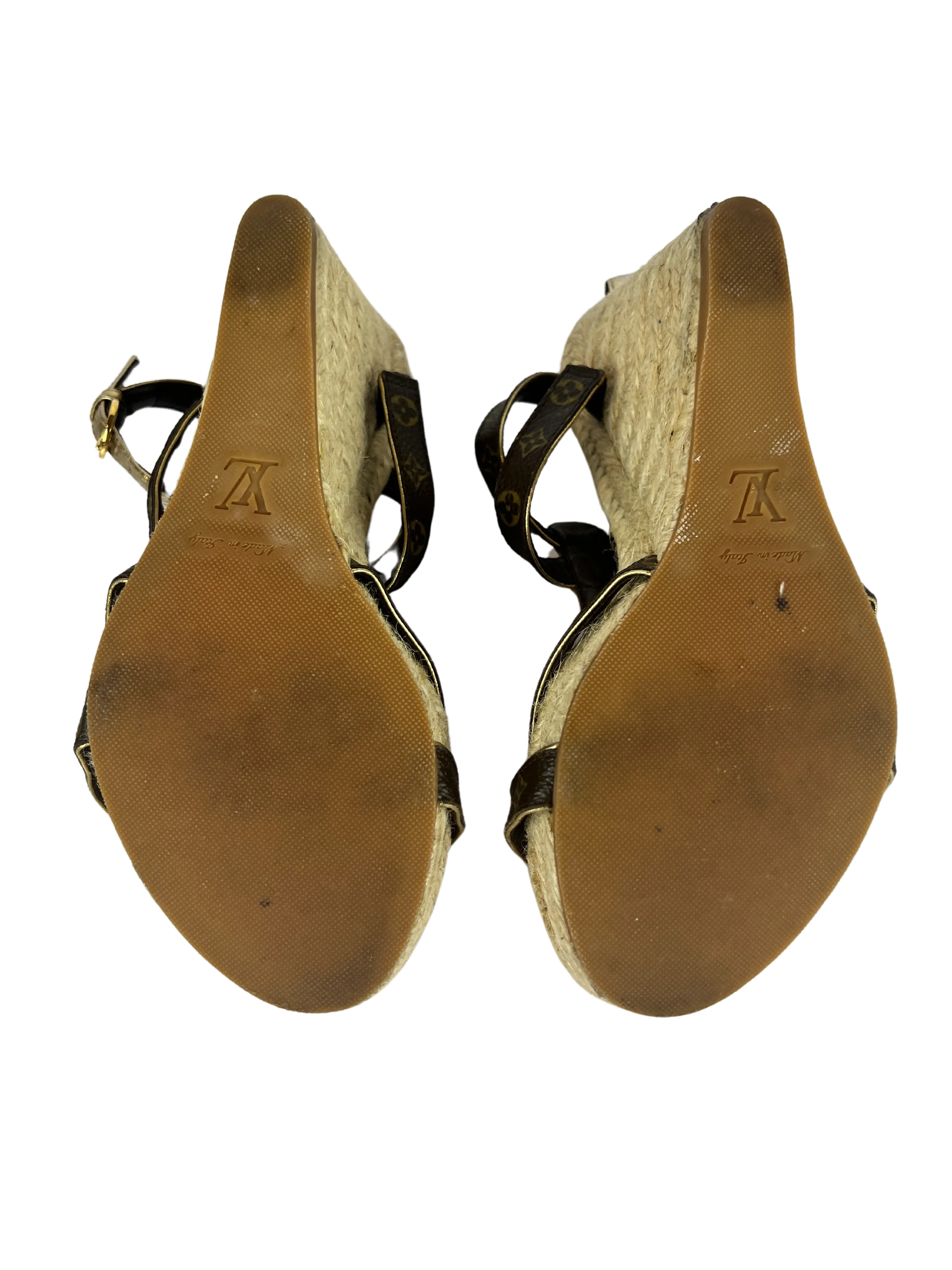 Louis Vuitton Monogram/Metallic Espadrille Wedge Sandals, Size 36 EU/6 US