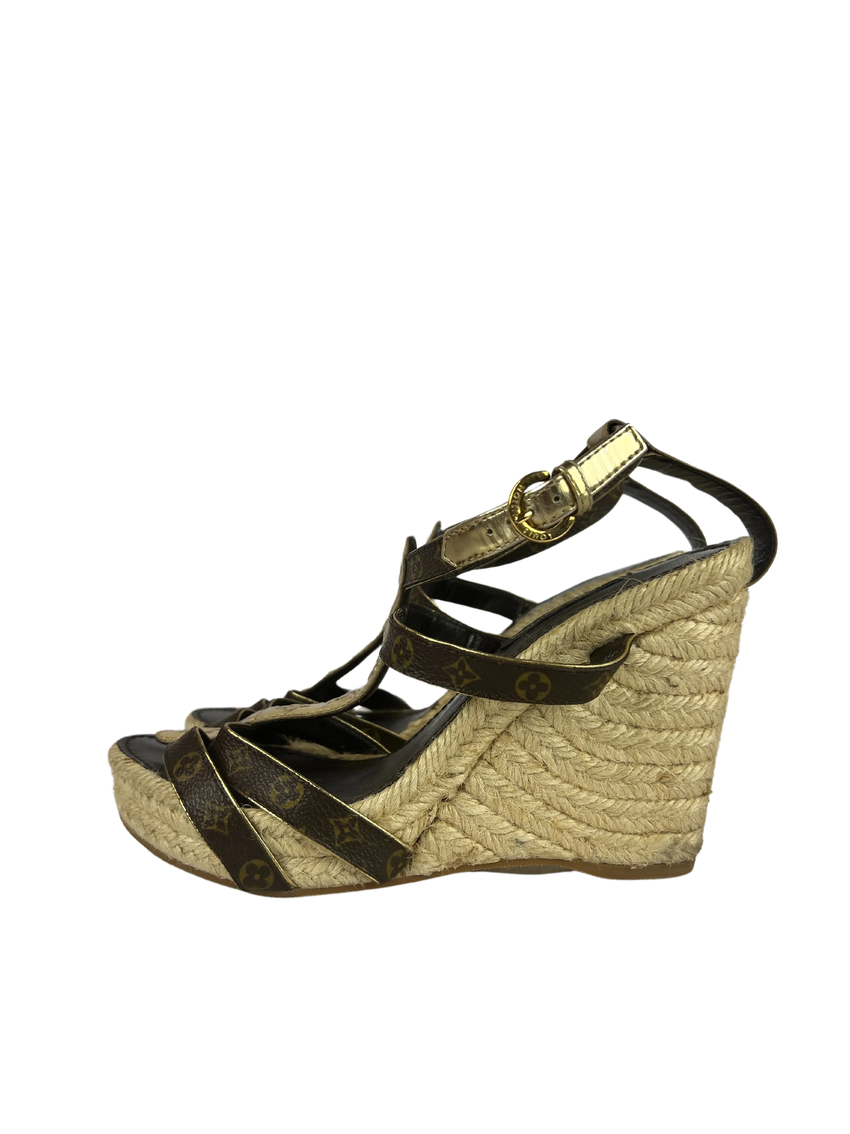 Louis Vuitton Monogram/Metallic Espadrille Wedge Sandals, Size 36 EU/6 US