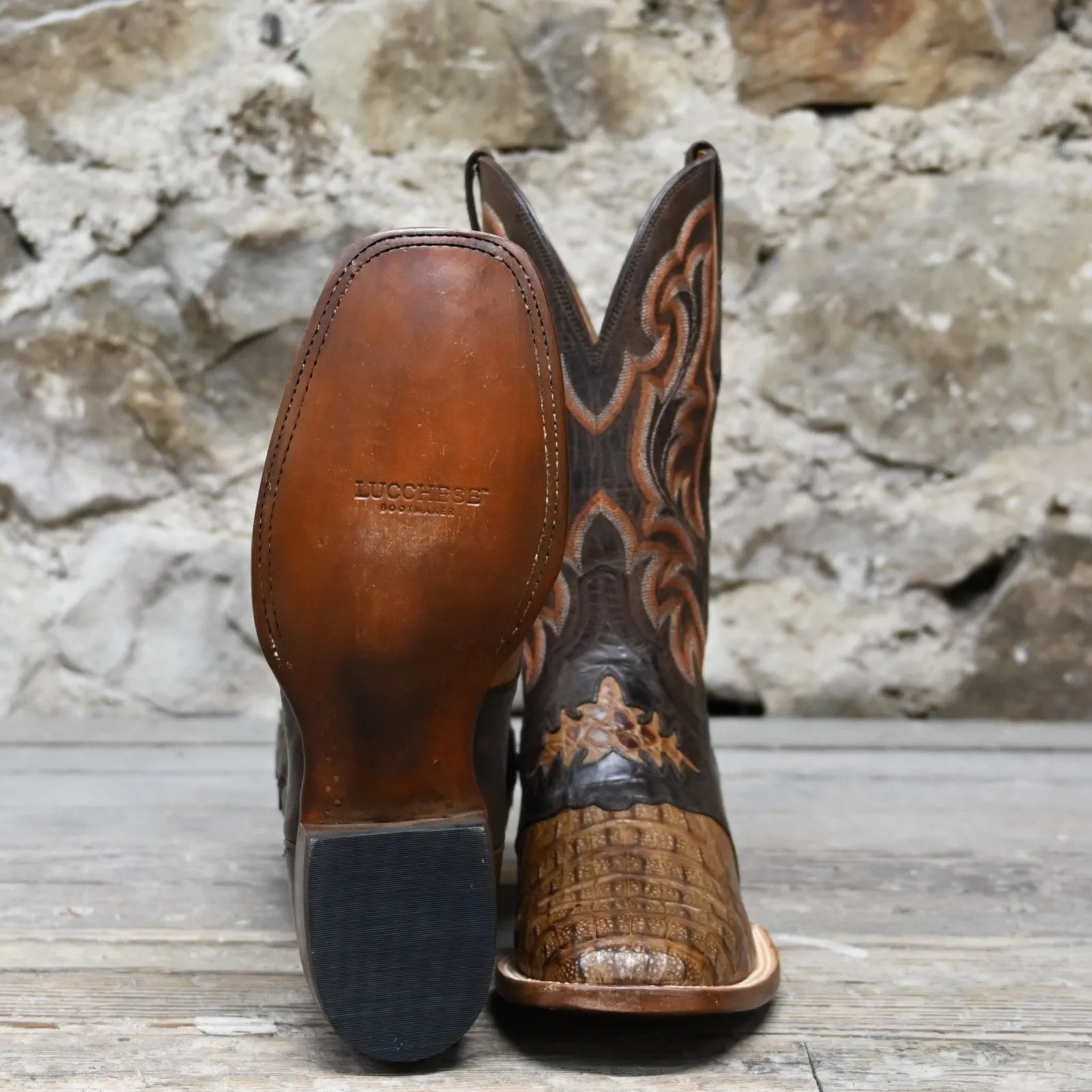 Lucchese Men's 12" Boot In Hornback Caiman W/Saddle & Diego Inlay and Pull Strap Overlays