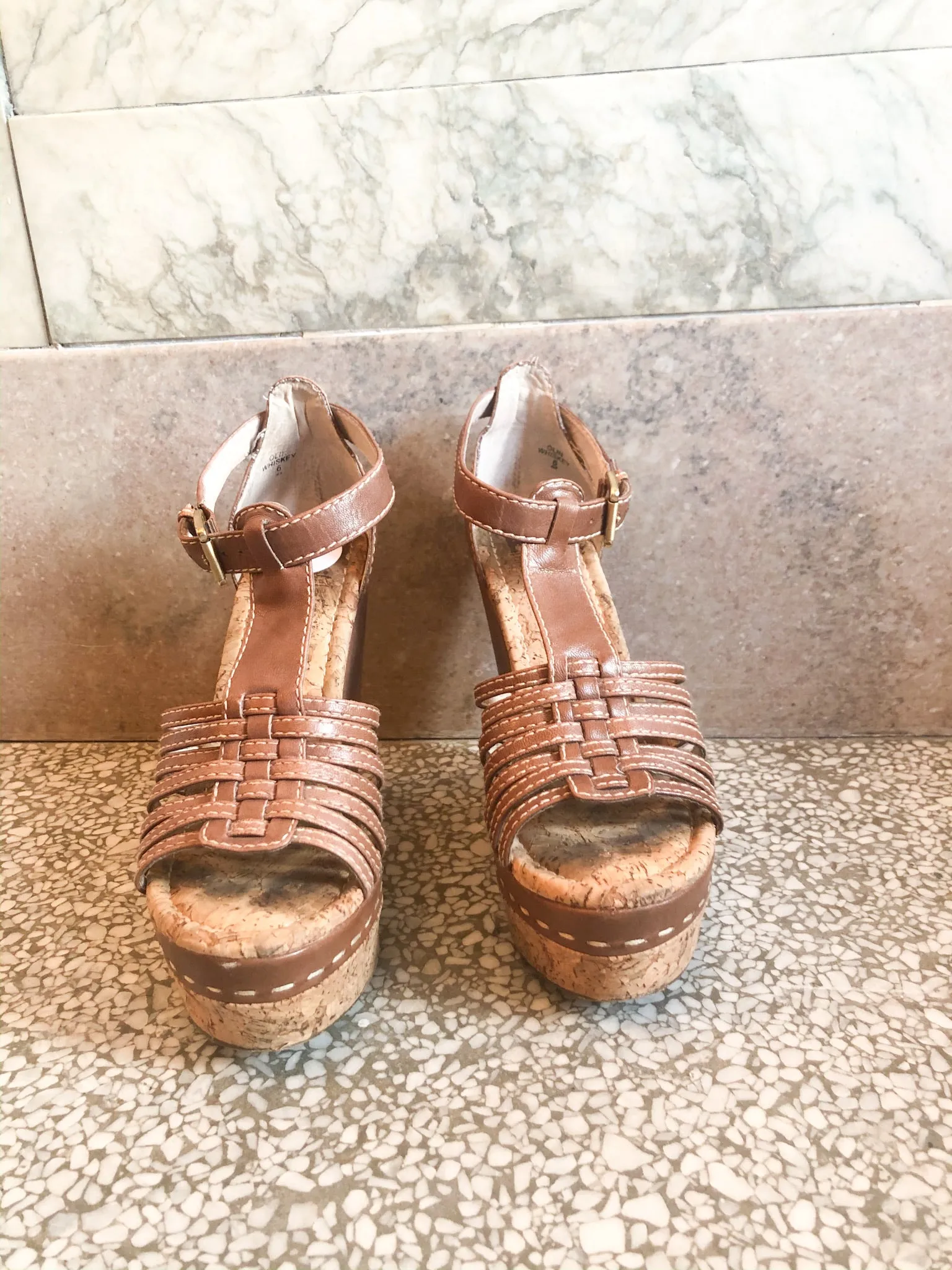 MRKT Brown Cork Leather Platform Wedge Sandals - Size 6