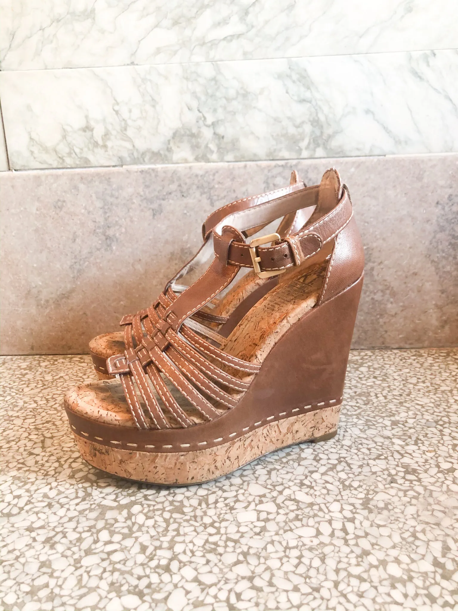 MRKT Brown Cork Leather Platform Wedge Sandals - Size 6