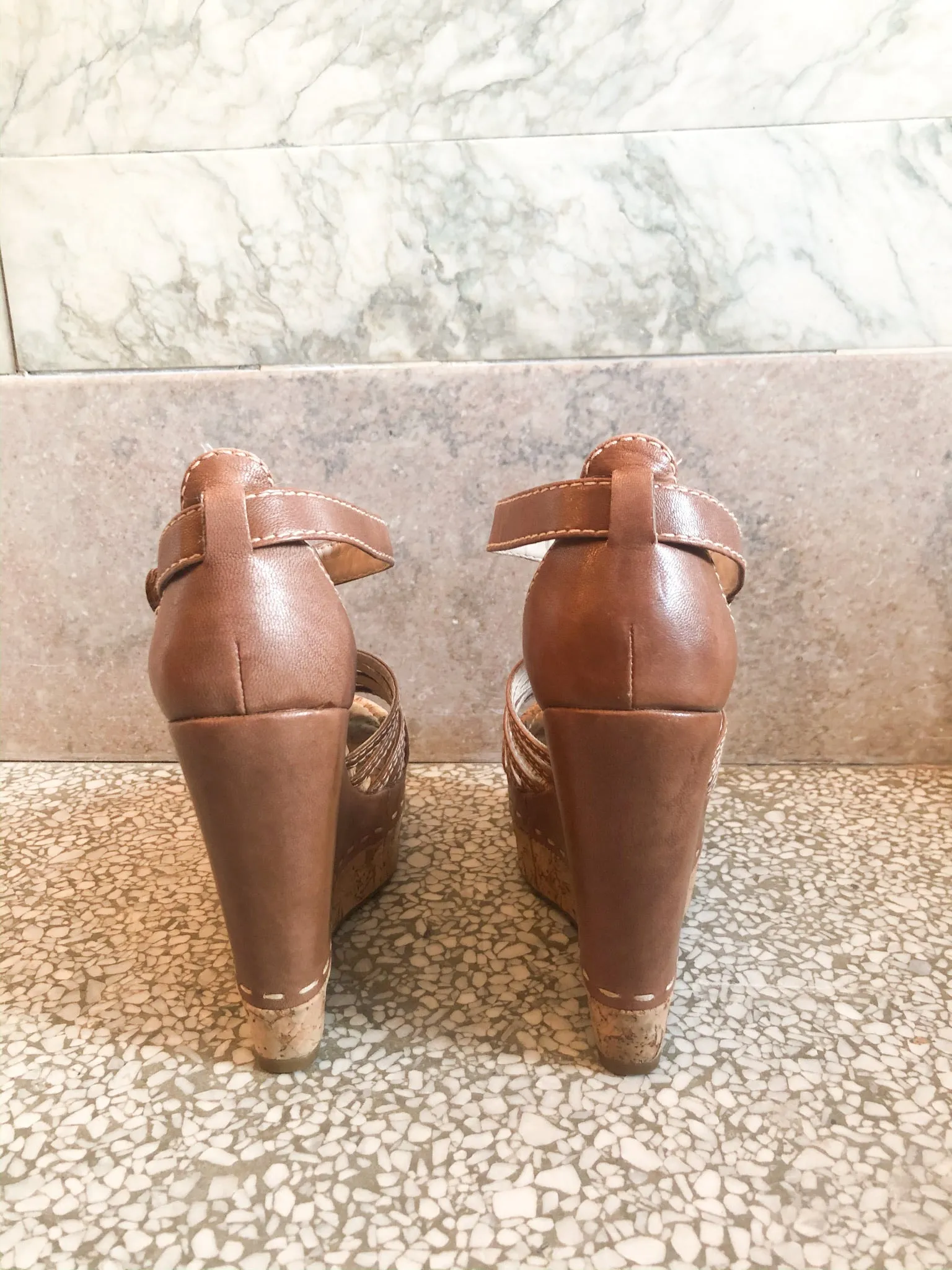 MRKT Brown Cork Leather Platform Wedge Sandals - Size 6