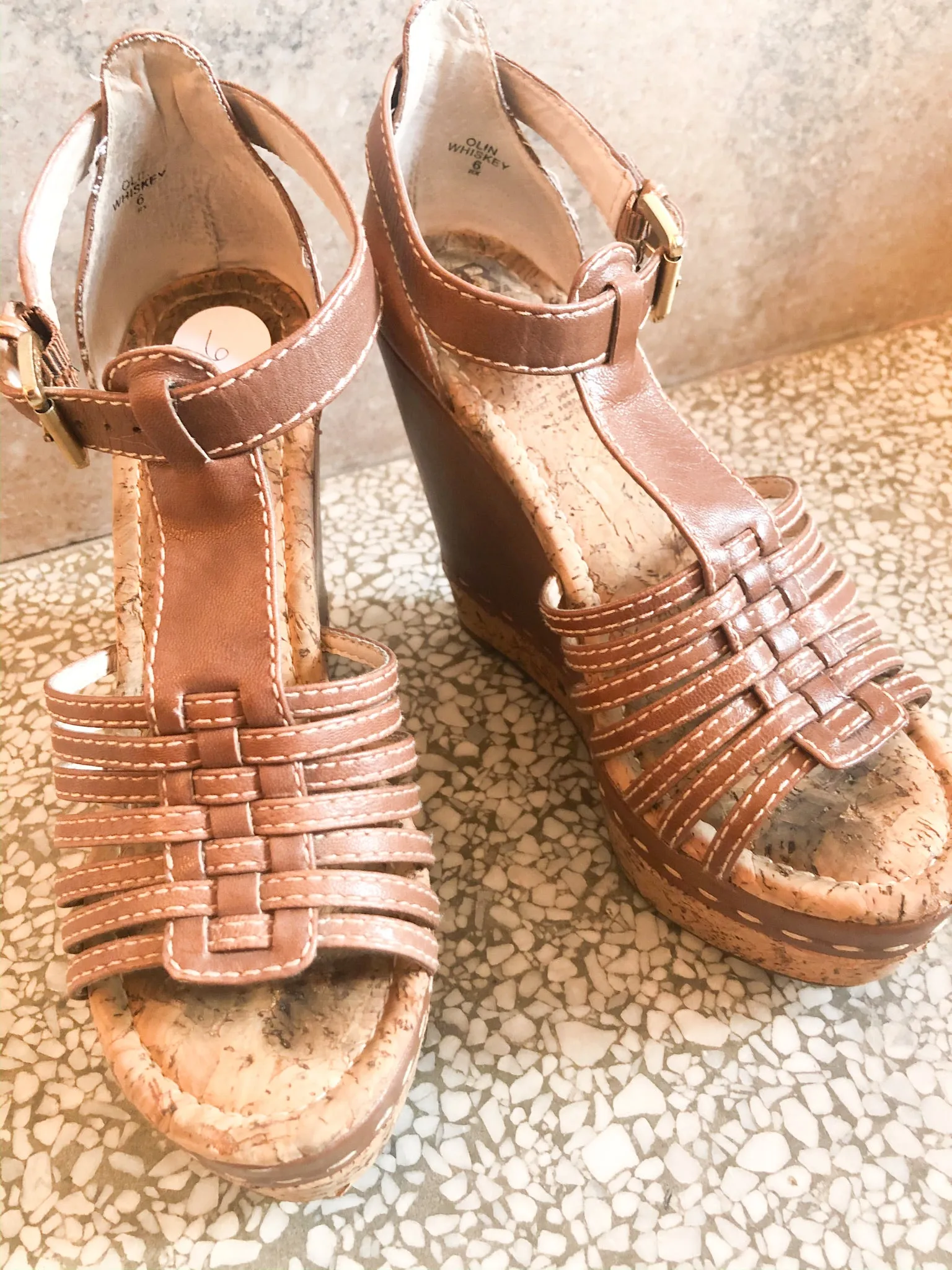 MRKT Brown Cork Leather Platform Wedge Sandals - Size 6