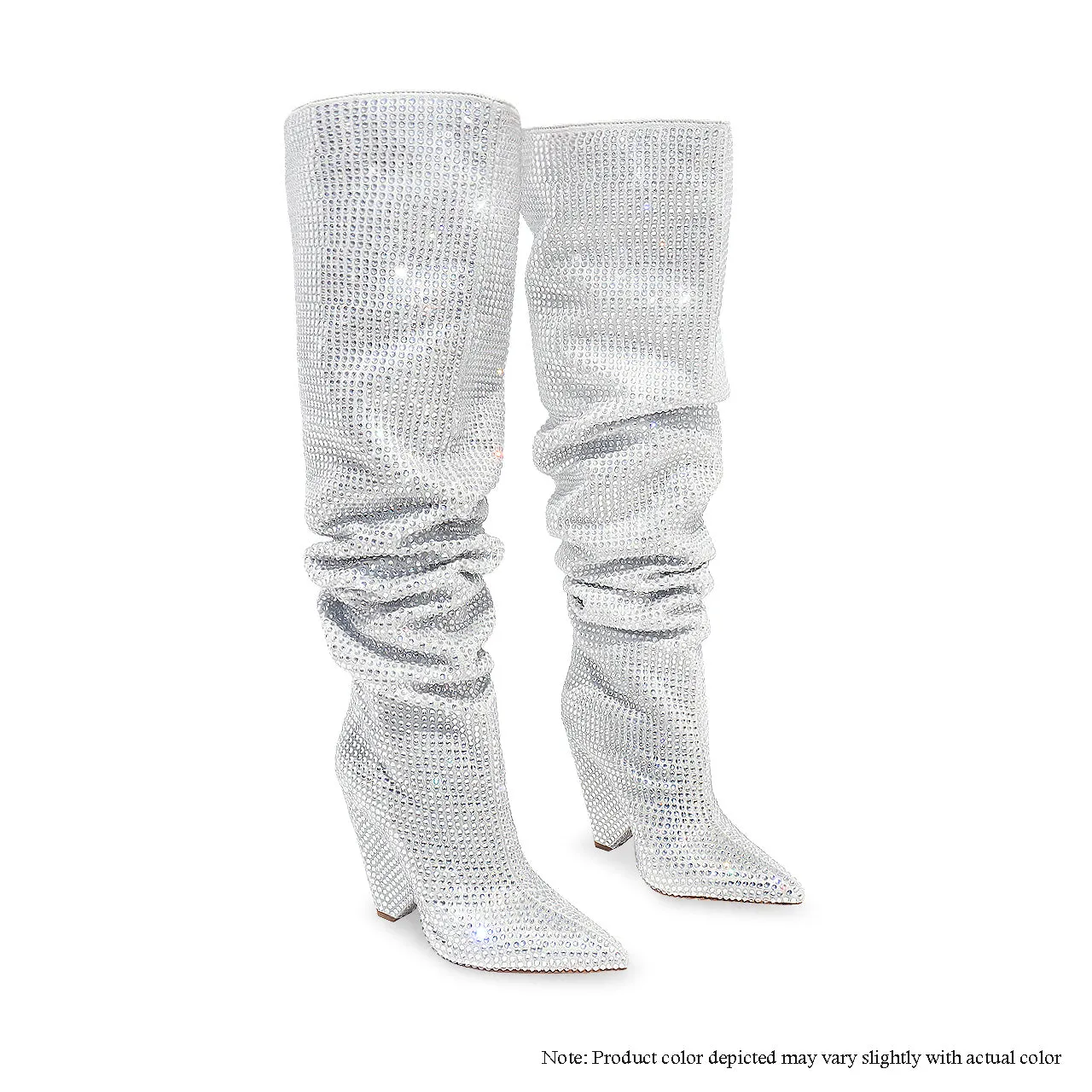 NANO-1  WEDGE HEEL SLOUCH THIGH HIGH RHINESTONE BOOT - SILVER