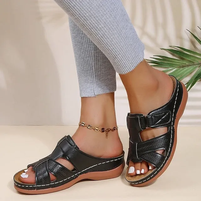 Purpdrank - Women's Sandals Slippers Wedge Heels Plus Size Outdoor Slippers Daily Beach Walking Summer Flat Heel Open Toe Casual Minimalism Faux Leather Loafer Solid Color Black Red Blue