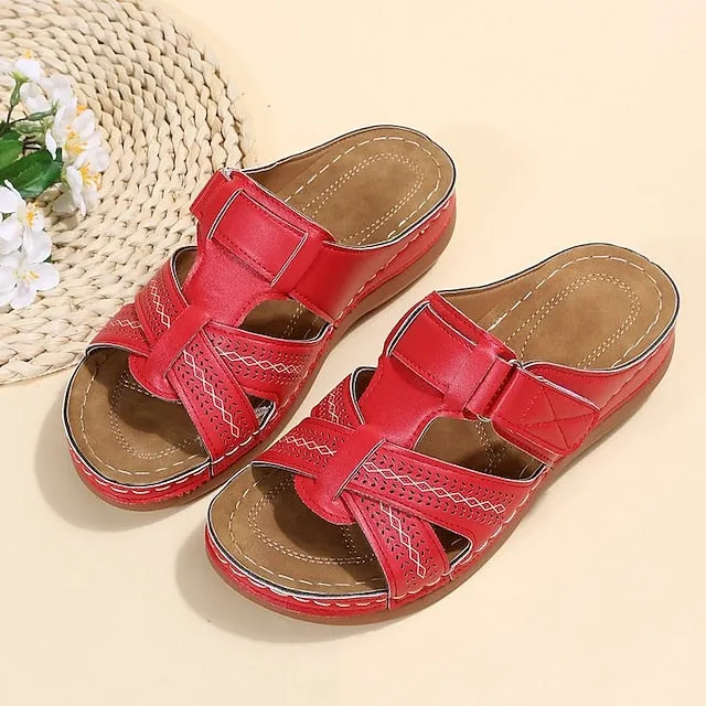 Purpdrank - Women's Sandals Slippers Wedge Heels Plus Size Outdoor Slippers Daily Beach Walking Summer Flat Heel Open Toe Casual Minimalism Faux Leather Loafer Solid Color Black Red Blue