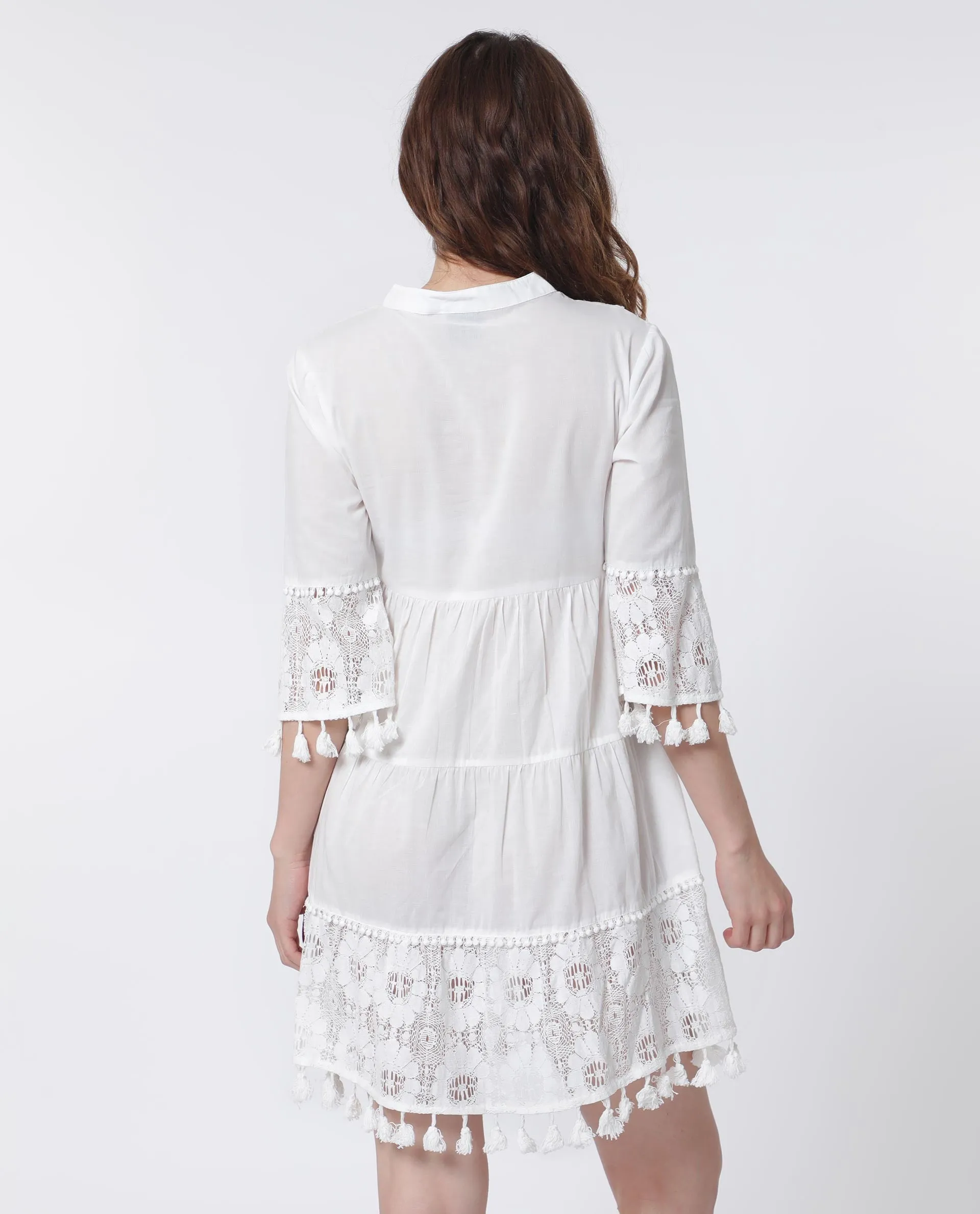 Rareism Women Andarin White Cotton Fabric 3/4Th Sleeves Tie-Up Closure Tie-Up Neck Bell Sleeve Regular Fit Plain Knee Length Tiered Dress