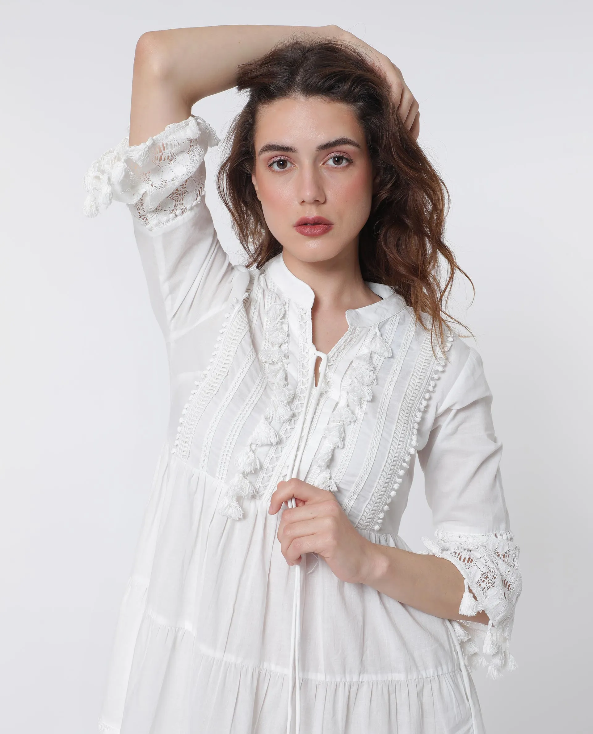 Rareism Women Andarin White Cotton Fabric 3/4Th Sleeves Tie-Up Closure Tie-Up Neck Bell Sleeve Regular Fit Plain Knee Length Tiered Dress