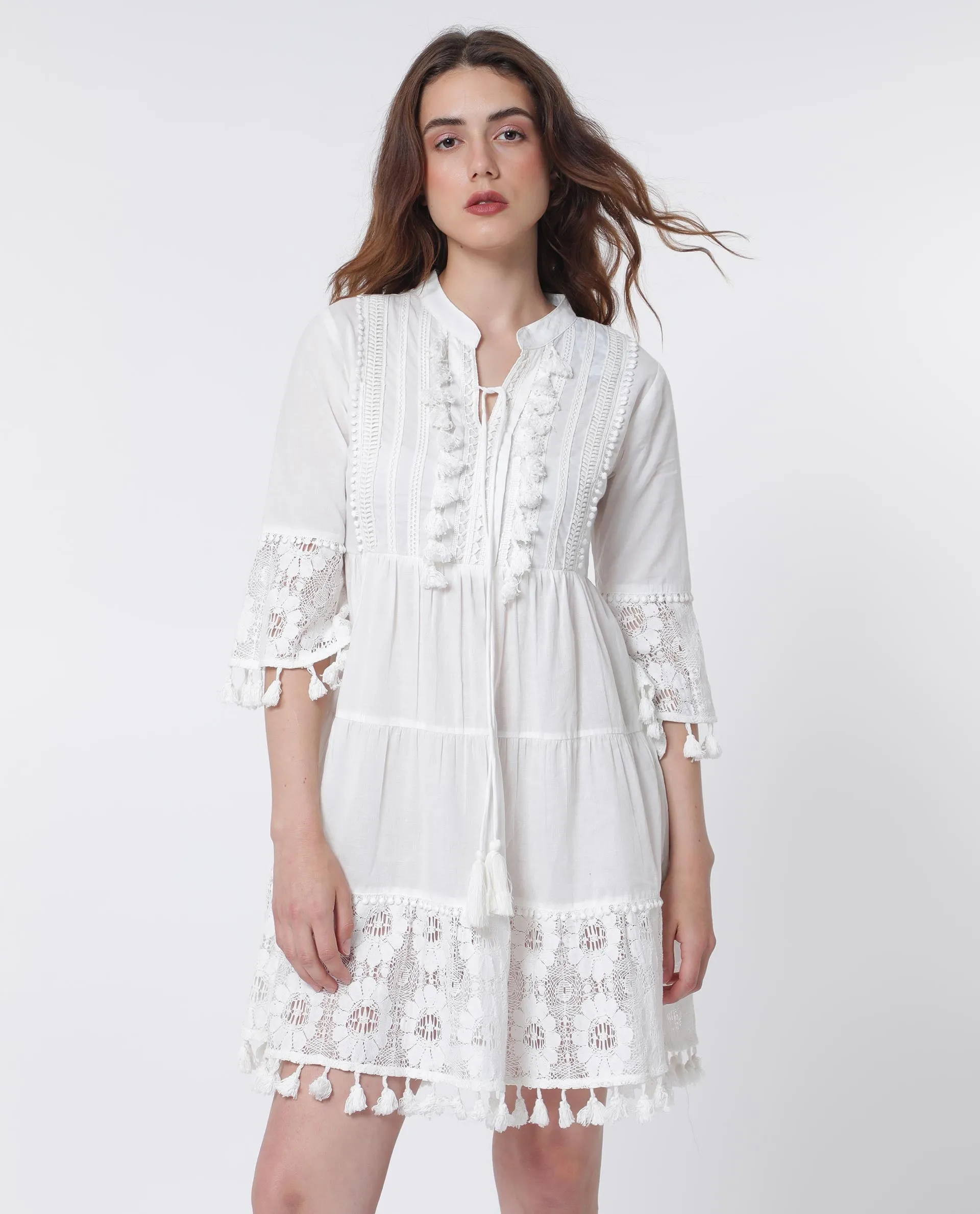 Rareism Women Andarin White Cotton Fabric 3/4Th Sleeves Tie-Up Closure Tie-Up Neck Bell Sleeve Regular Fit Plain Knee Length Tiered Dress