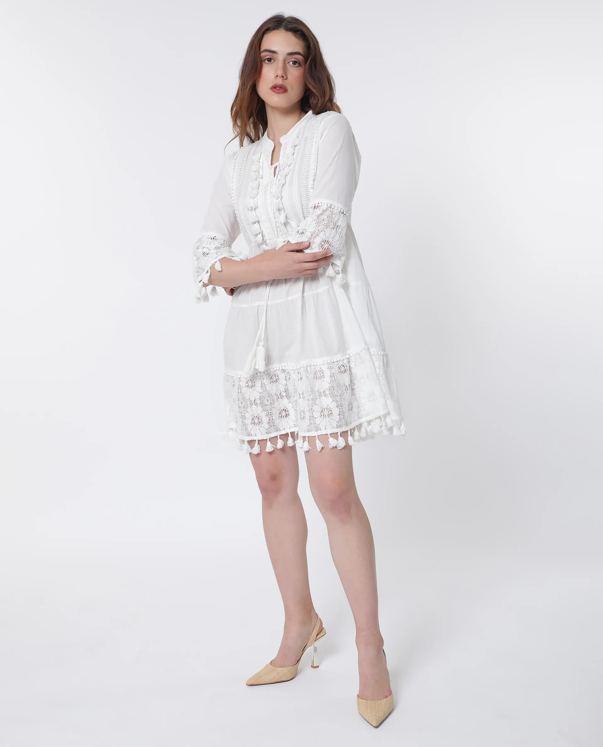 Rareism Women Andarin White Cotton Fabric 3/4Th Sleeves Tie-Up Closure Tie-Up Neck Bell Sleeve Regular Fit Plain Knee Length Tiered Dress