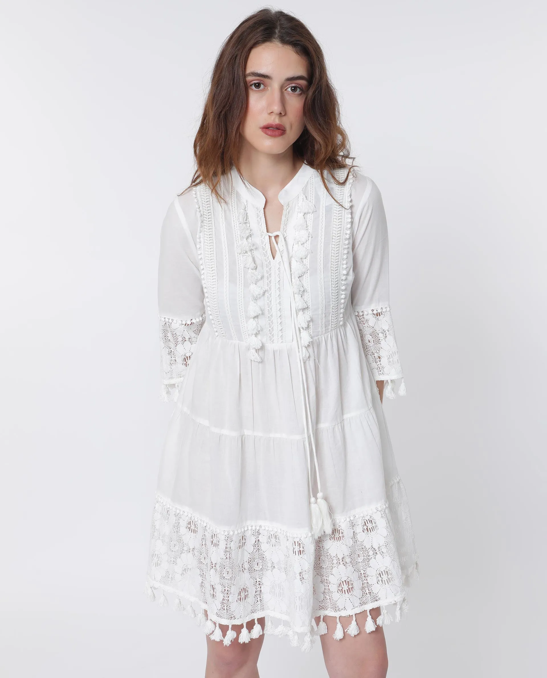 Rareism Women Andarin White Cotton Fabric 3/4Th Sleeves Tie-Up Closure Tie-Up Neck Bell Sleeve Regular Fit Plain Knee Length Tiered Dress