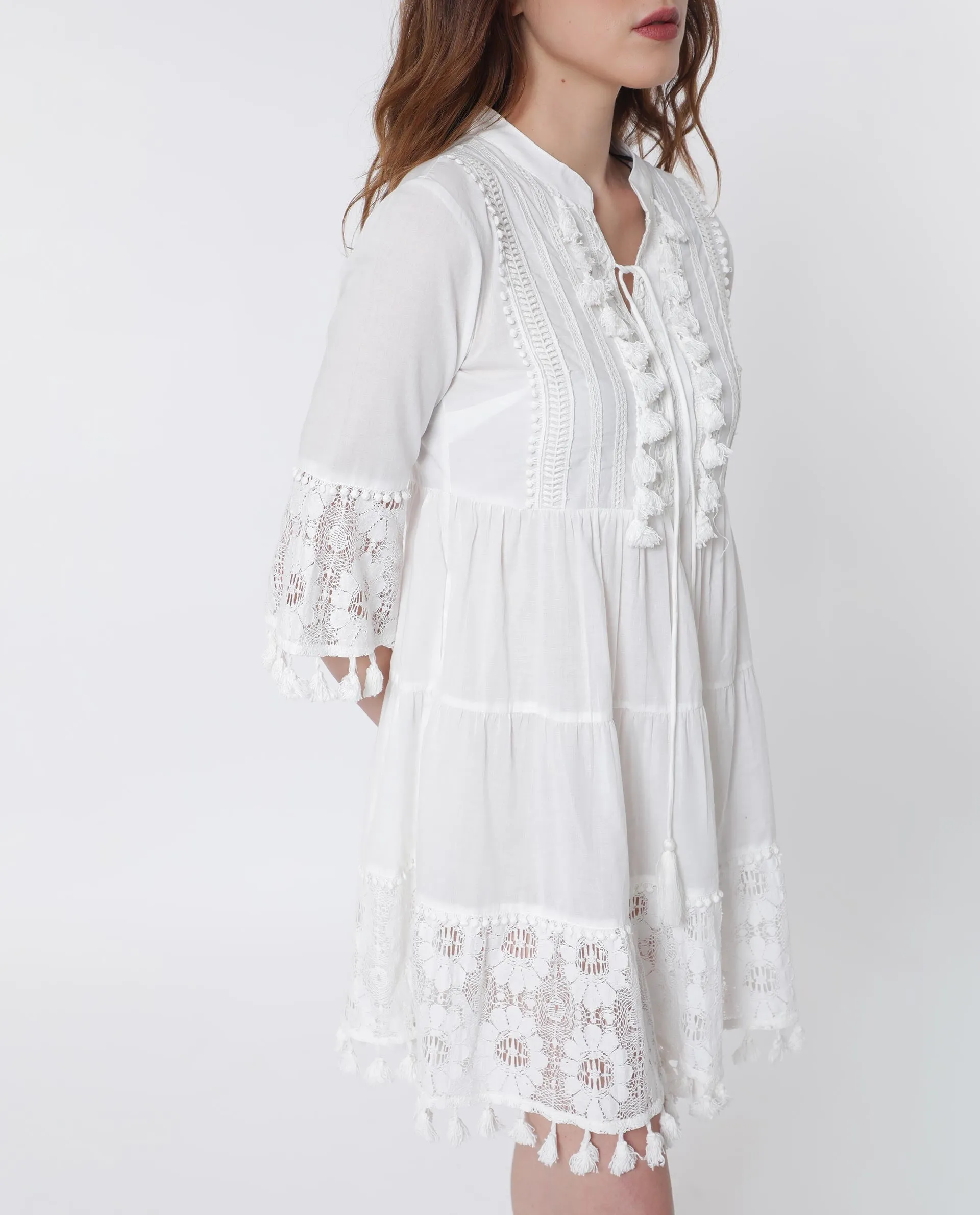 Rareism Women Andarin White Cotton Fabric 3/4Th Sleeves Tie-Up Closure Tie-Up Neck Bell Sleeve Regular Fit Plain Knee Length Tiered Dress