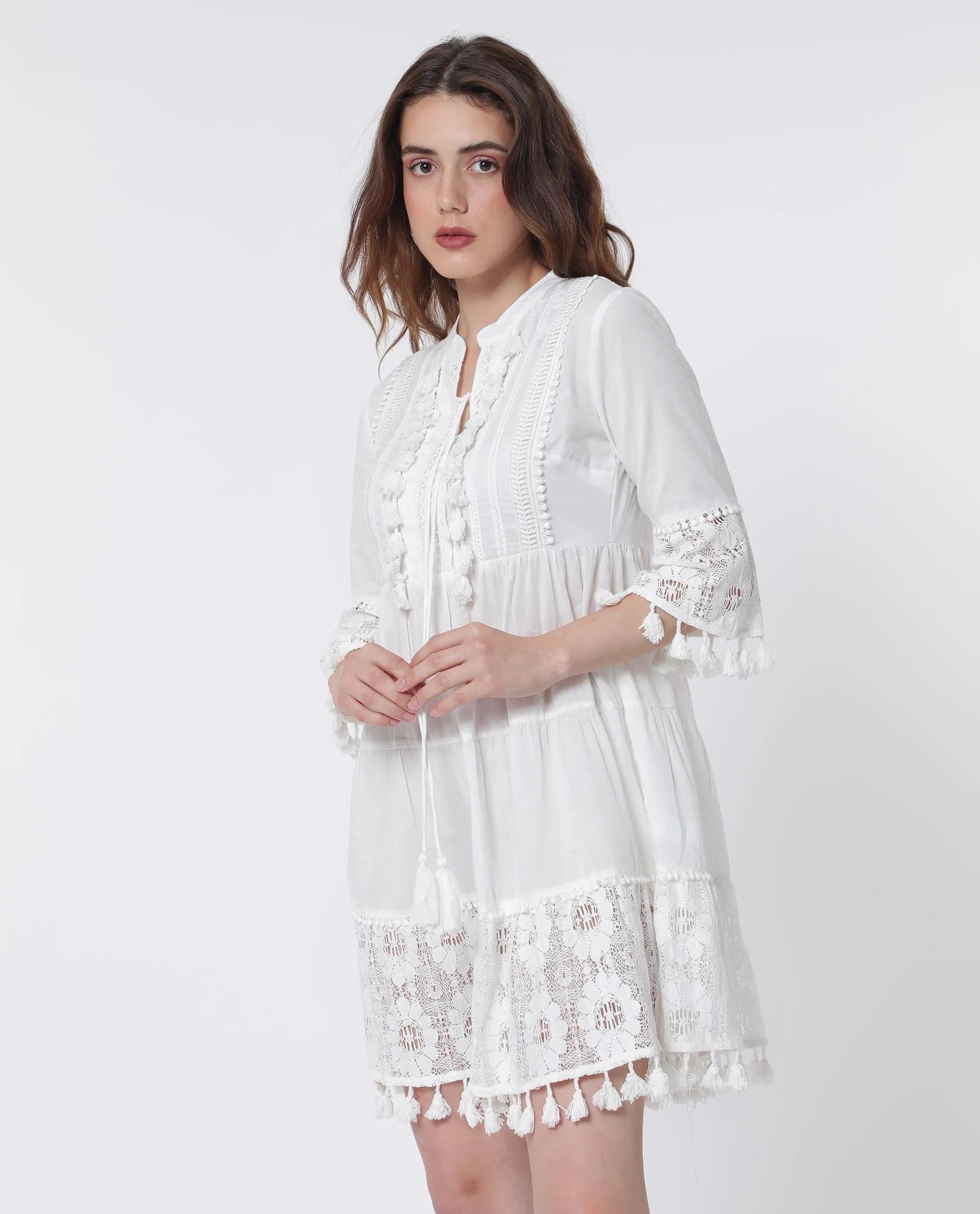 Rareism Women Andarin White Cotton Fabric 3/4Th Sleeves Tie-Up Closure Tie-Up Neck Bell Sleeve Regular Fit Plain Knee Length Tiered Dress