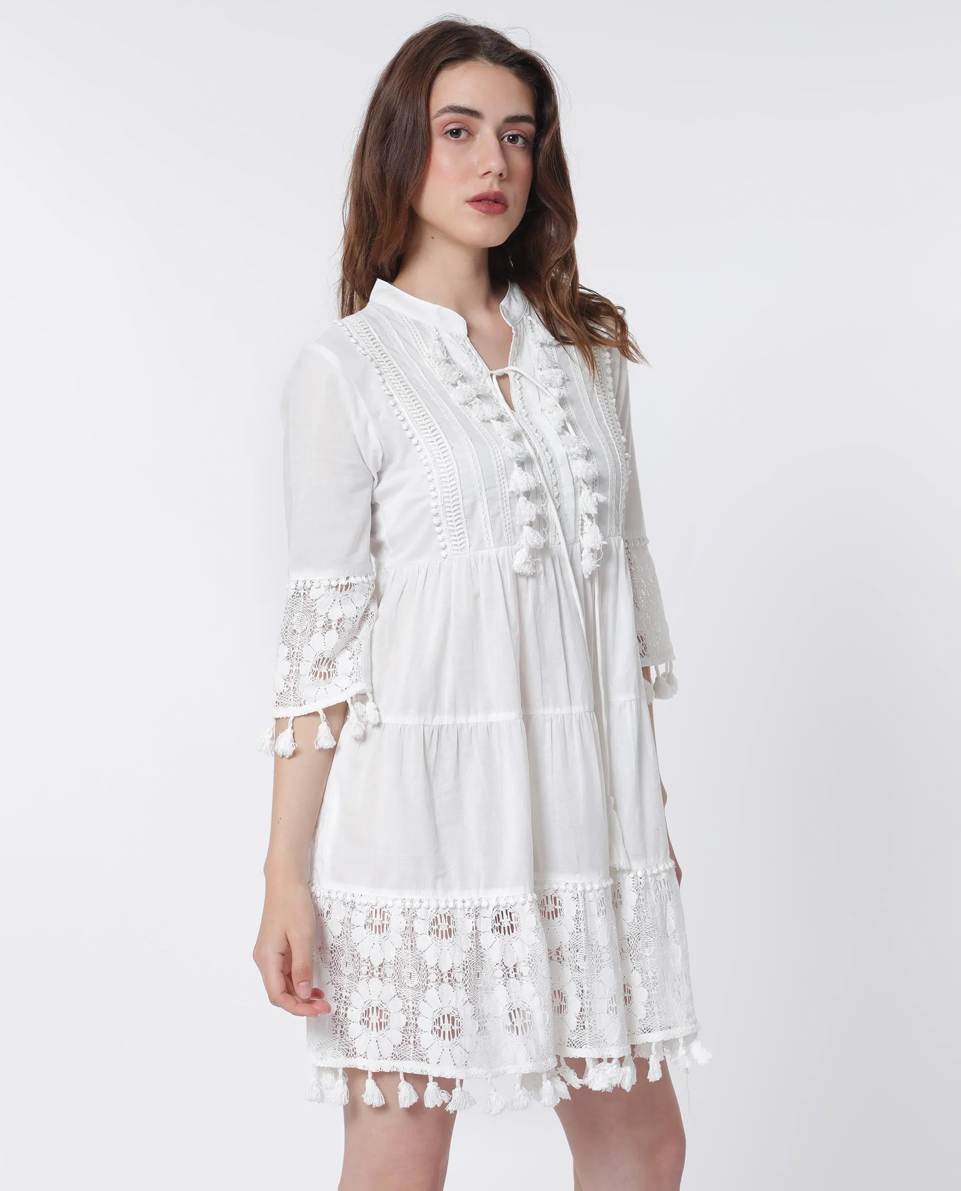 Rareism Women Andarin White Cotton Fabric 3/4Th Sleeves Tie-Up Closure Tie-Up Neck Bell Sleeve Regular Fit Plain Knee Length Tiered Dress