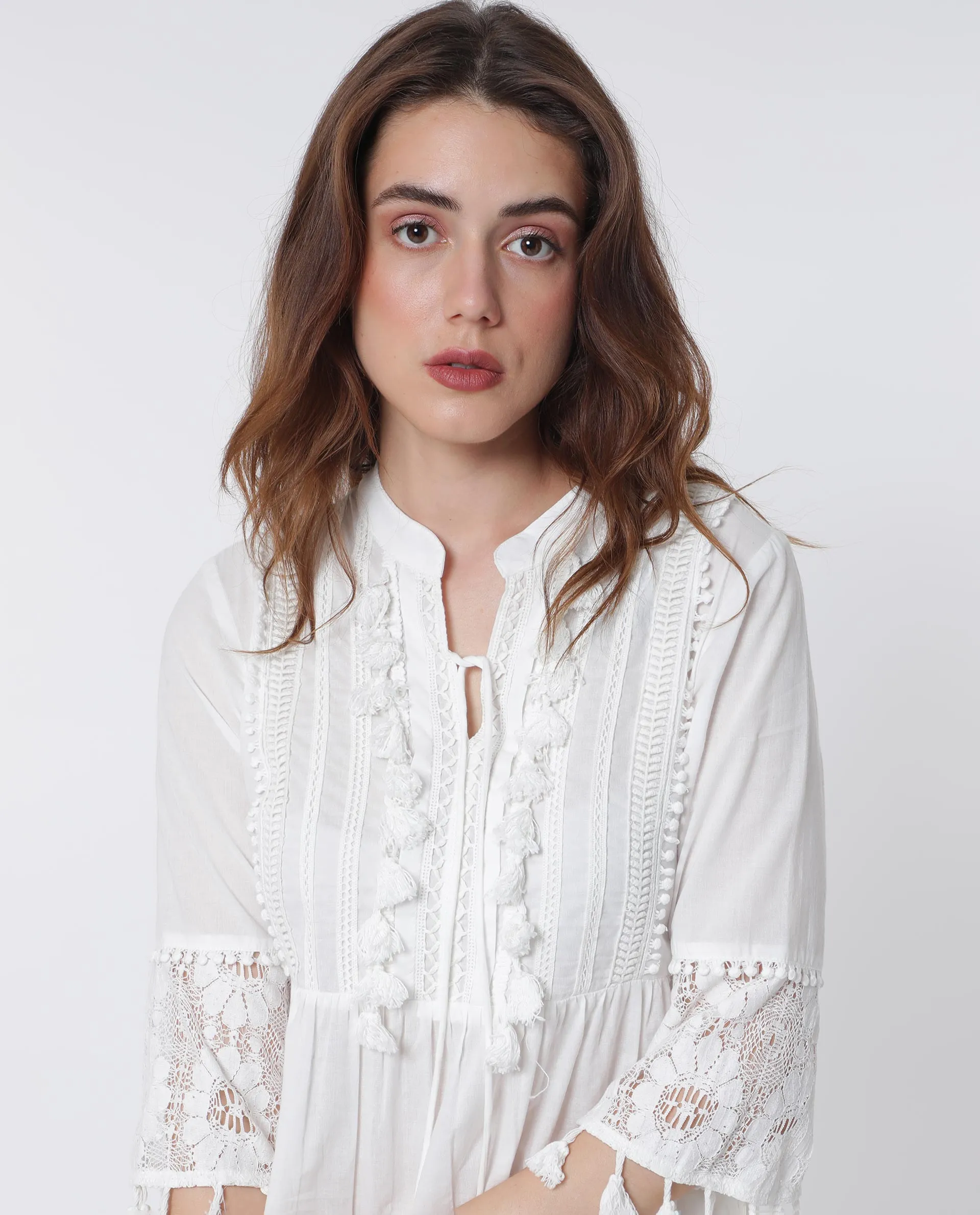 Rareism Women Andarin White Cotton Fabric 3/4Th Sleeves Tie-Up Closure Tie-Up Neck Bell Sleeve Regular Fit Plain Knee Length Tiered Dress
