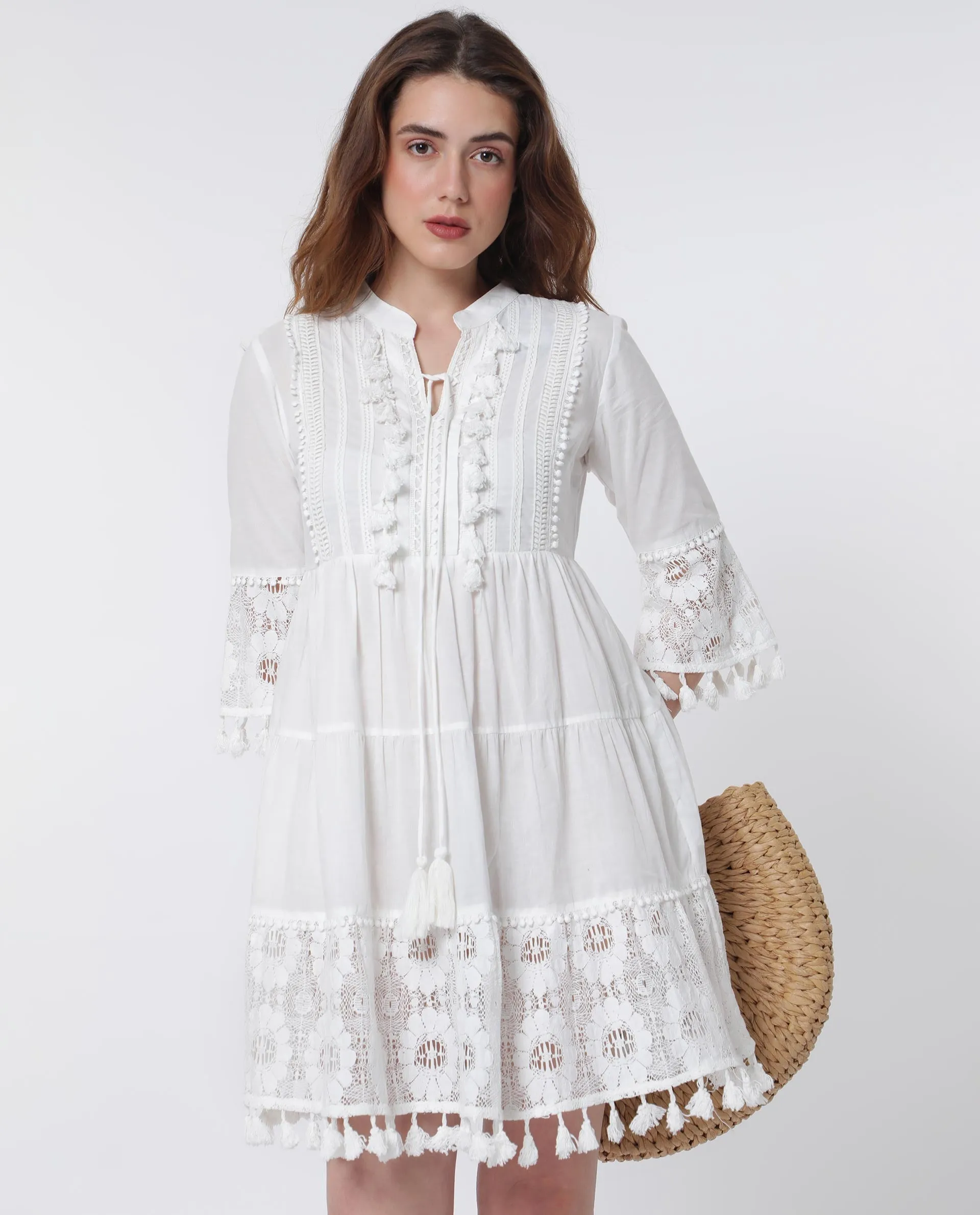 Rareism Women Andarin White Cotton Fabric 3/4Th Sleeves Tie-Up Closure Tie-Up Neck Bell Sleeve Regular Fit Plain Knee Length Tiered Dress