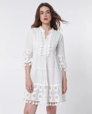Rareism Women Andarin White Cotton Fabric 3/4Th Sleeves Tie-Up Closure Tie-Up Neck Bell Sleeve Regular Fit Plain Knee Length Tiered Dress