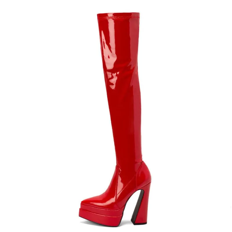 Shiny Red Skin Tight Patent Chunky Heel Thigh-high Boots