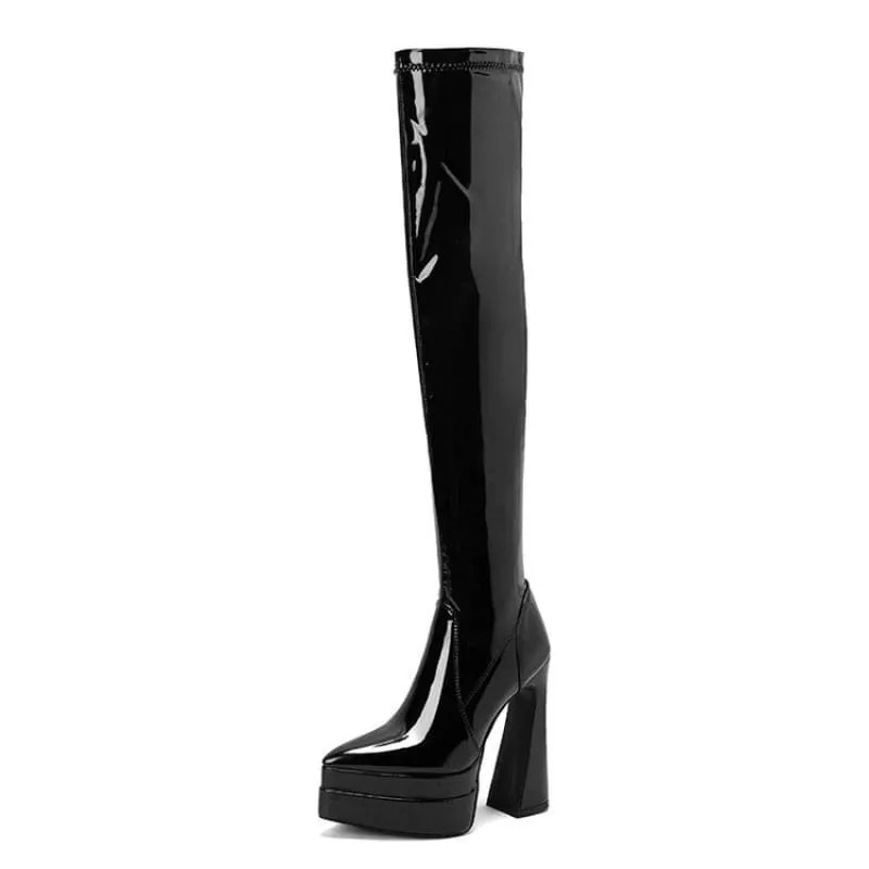 Shiny Red Skin Tight Patent Chunky Heel Thigh-high Boots