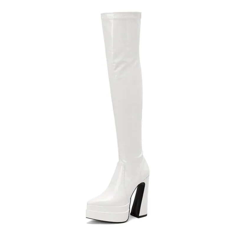Shiny Red Skin Tight Patent Chunky Heel Thigh-high Boots
