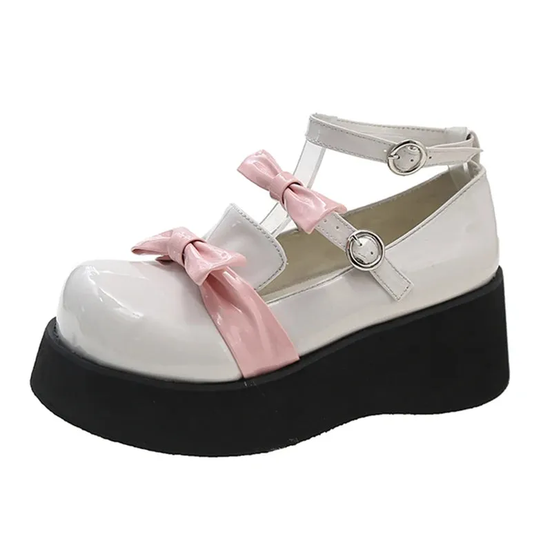 Sohiwoo Ankle Straps White Lolita Shoes Woman Autumn Bowtie Patent Leather Mary Jane Shoes Woman Thick Bottom Wedges Pumps Loafers
