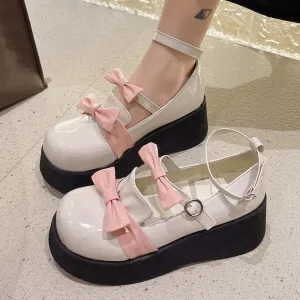 Sohiwoo Ankle Straps White Lolita Shoes Woman Autumn Bowtie Patent Leather Mary Jane Shoes Woman Thick Bottom Wedges Pumps Loafers