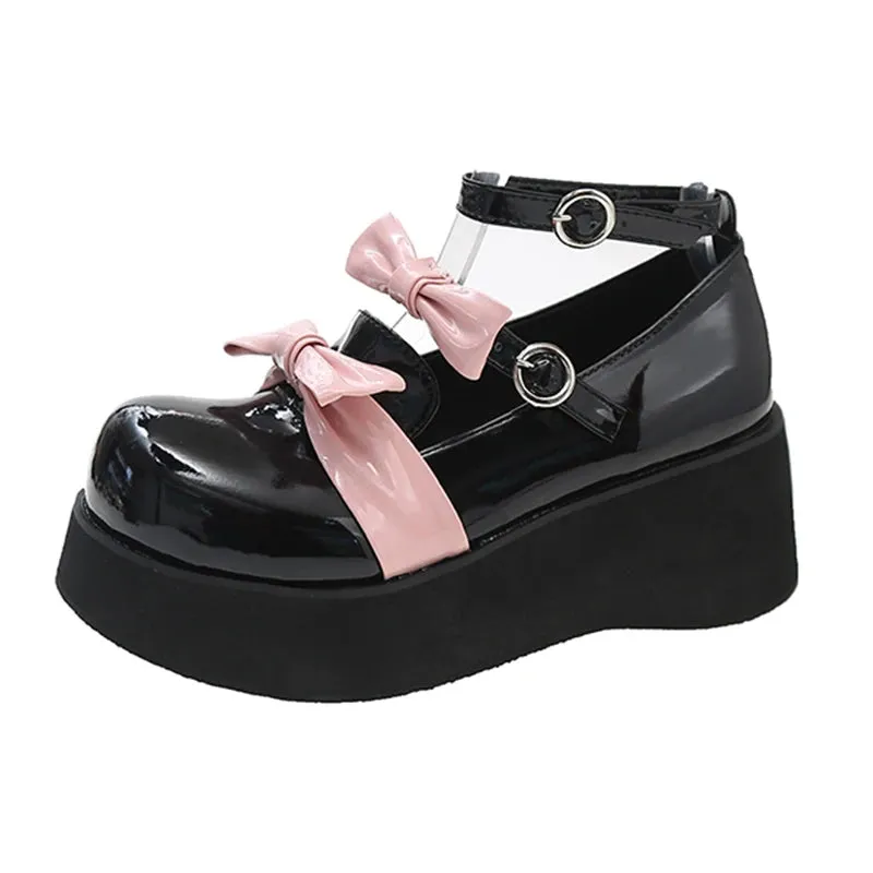 Sohiwoo Ankle Straps White Lolita Shoes Woman Autumn Bowtie Patent Leather Mary Jane Shoes Woman Thick Bottom Wedges Pumps Loafers