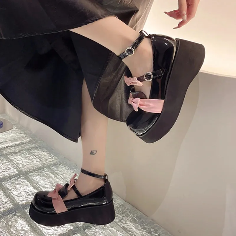 Sohiwoo Ankle Straps White Lolita Shoes Woman Autumn Bowtie Patent Leather Mary Jane Shoes Woman Thick Bottom Wedges Pumps Loafers