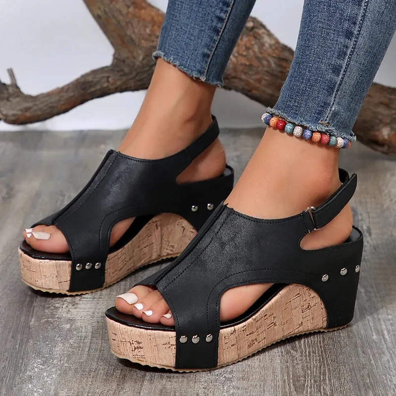 Sohiwoo Retro Thick Bottom Wedge Sandals Women 2024 Summer Ankle Strap Chunky Platform Sandals Woman Plus Size 43 Hollow Out Beach Shoes