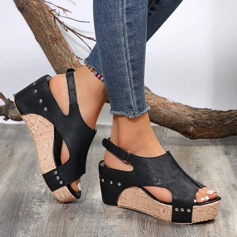 Sohiwoo Retro Thick Bottom Wedge Sandals Women 2024 Summer Ankle Strap Chunky Platform Sandals Woman Plus Size 43 Hollow Out Beach Shoes