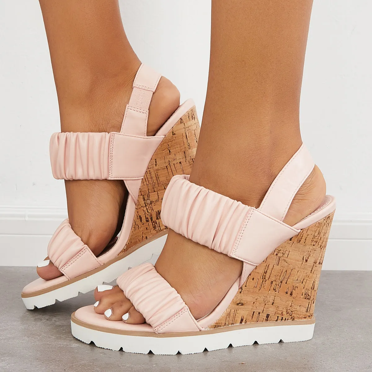 Sohiwoo Women Open Toe Ankle Strap Ruched Sandals Platform Wedge Heels