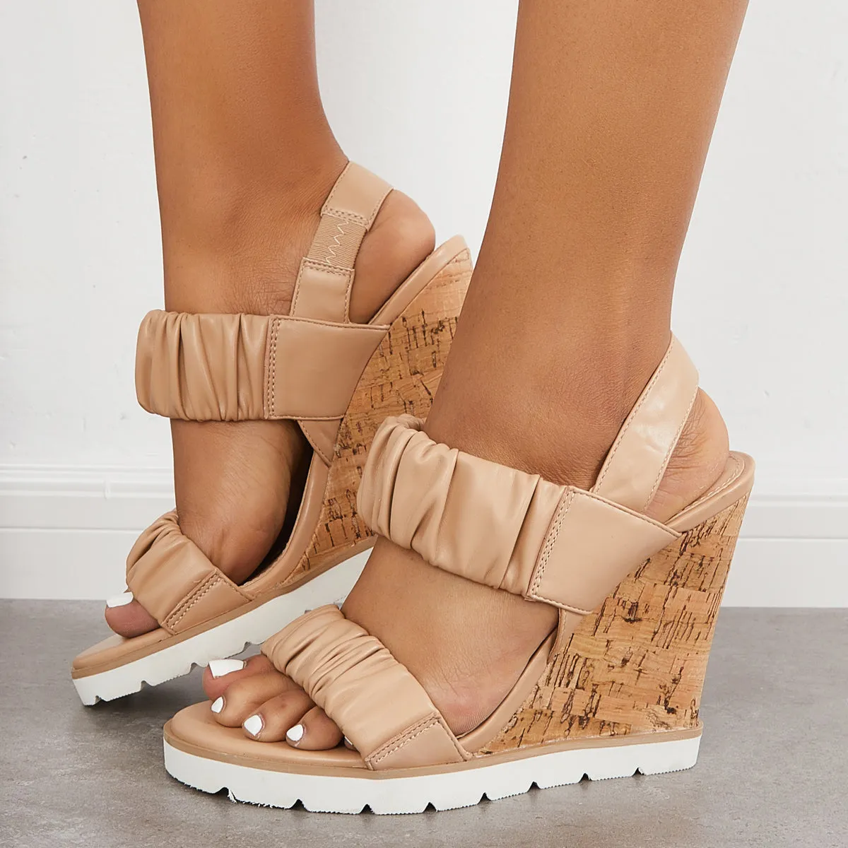 Sohiwoo Women Open Toe Ankle Strap Ruched Sandals Platform Wedge Heels