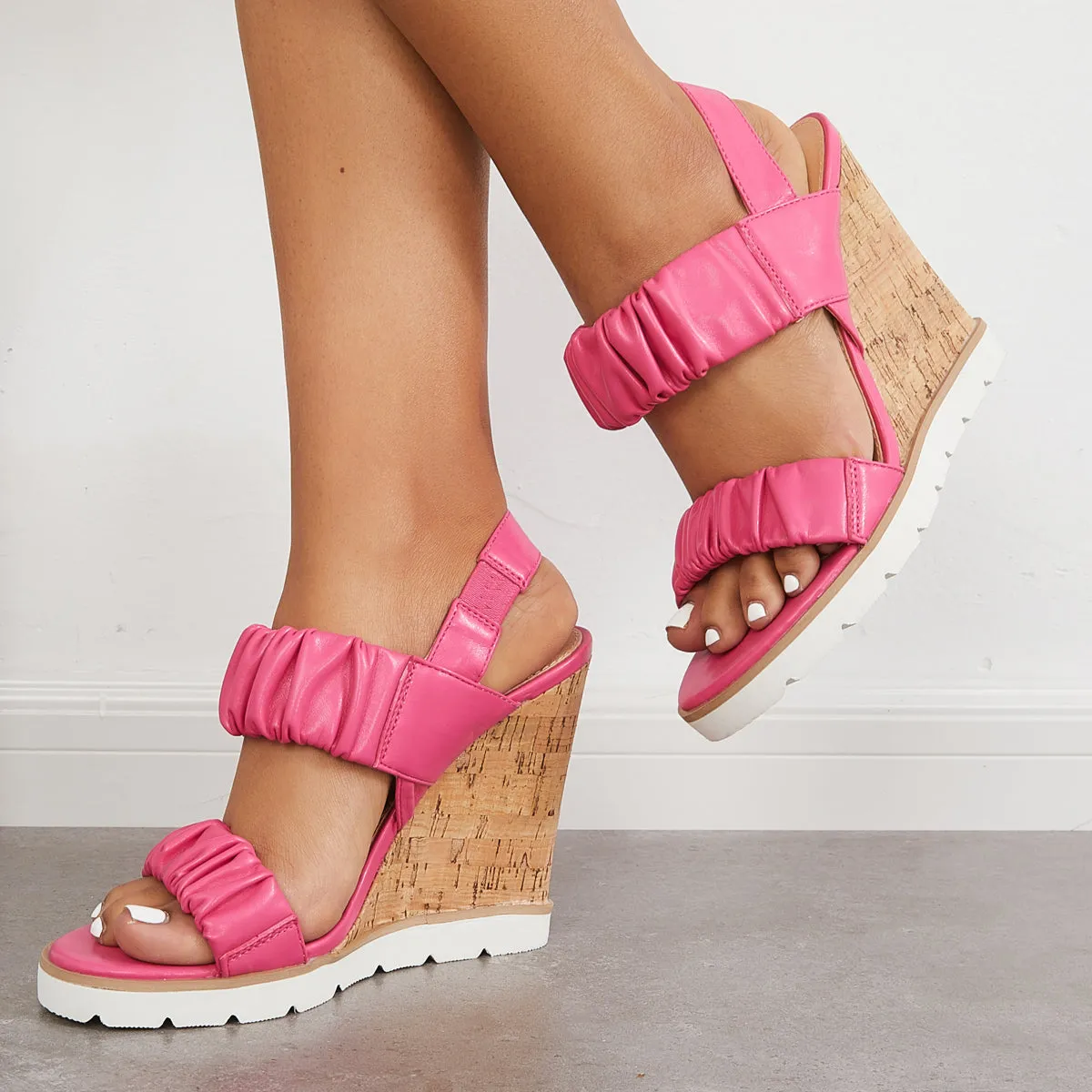 Sohiwoo Women Open Toe Ankle Strap Ruched Sandals Platform Wedge Heels