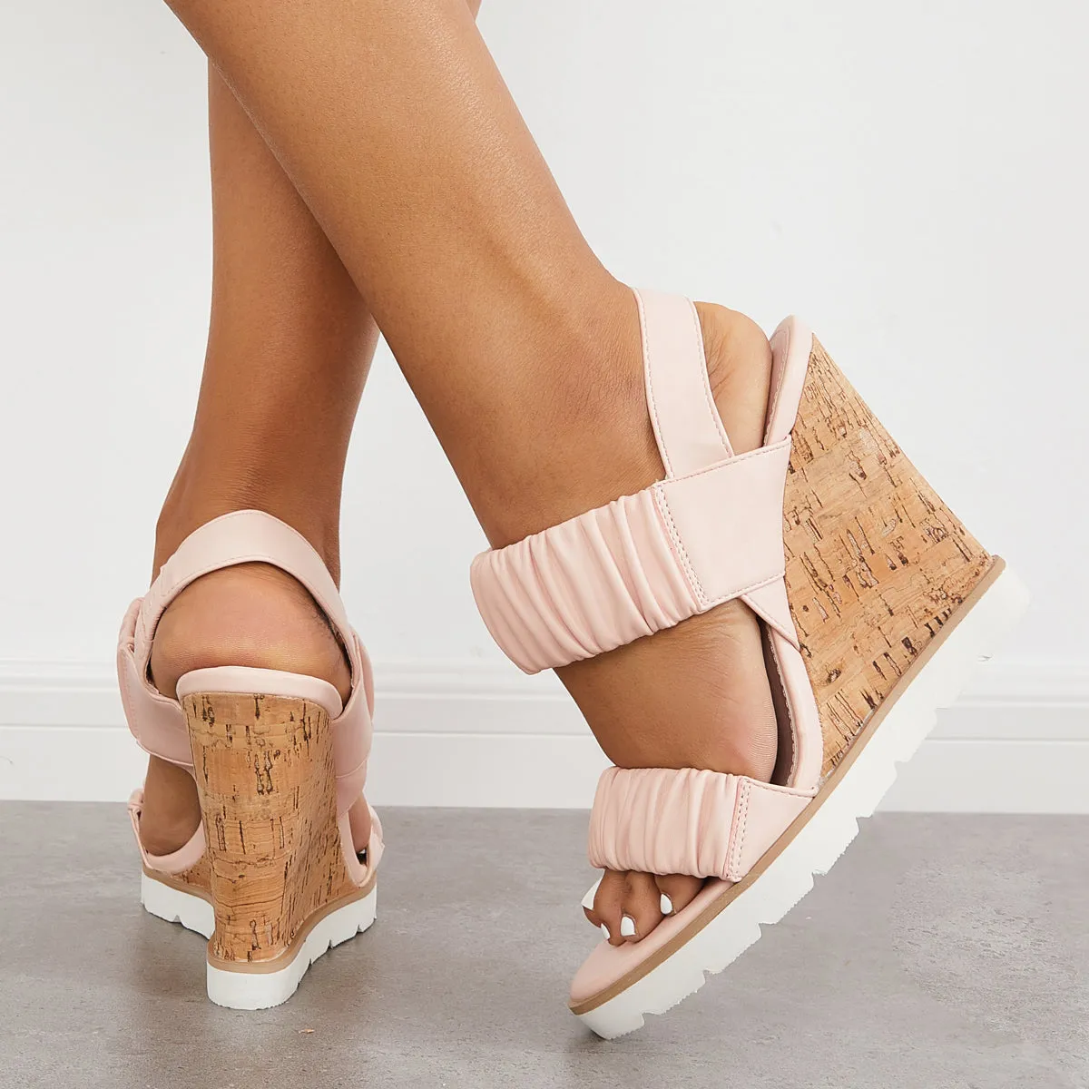 Sohiwoo Women Open Toe Ankle Strap Ruched Sandals Platform Wedge Heels
