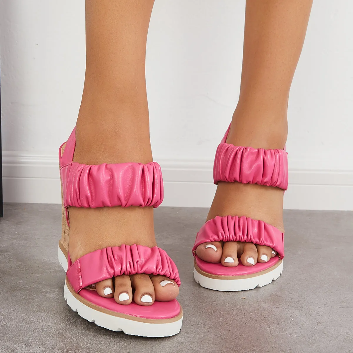 Sohiwoo Women Open Toe Ankle Strap Ruched Sandals Platform Wedge Heels