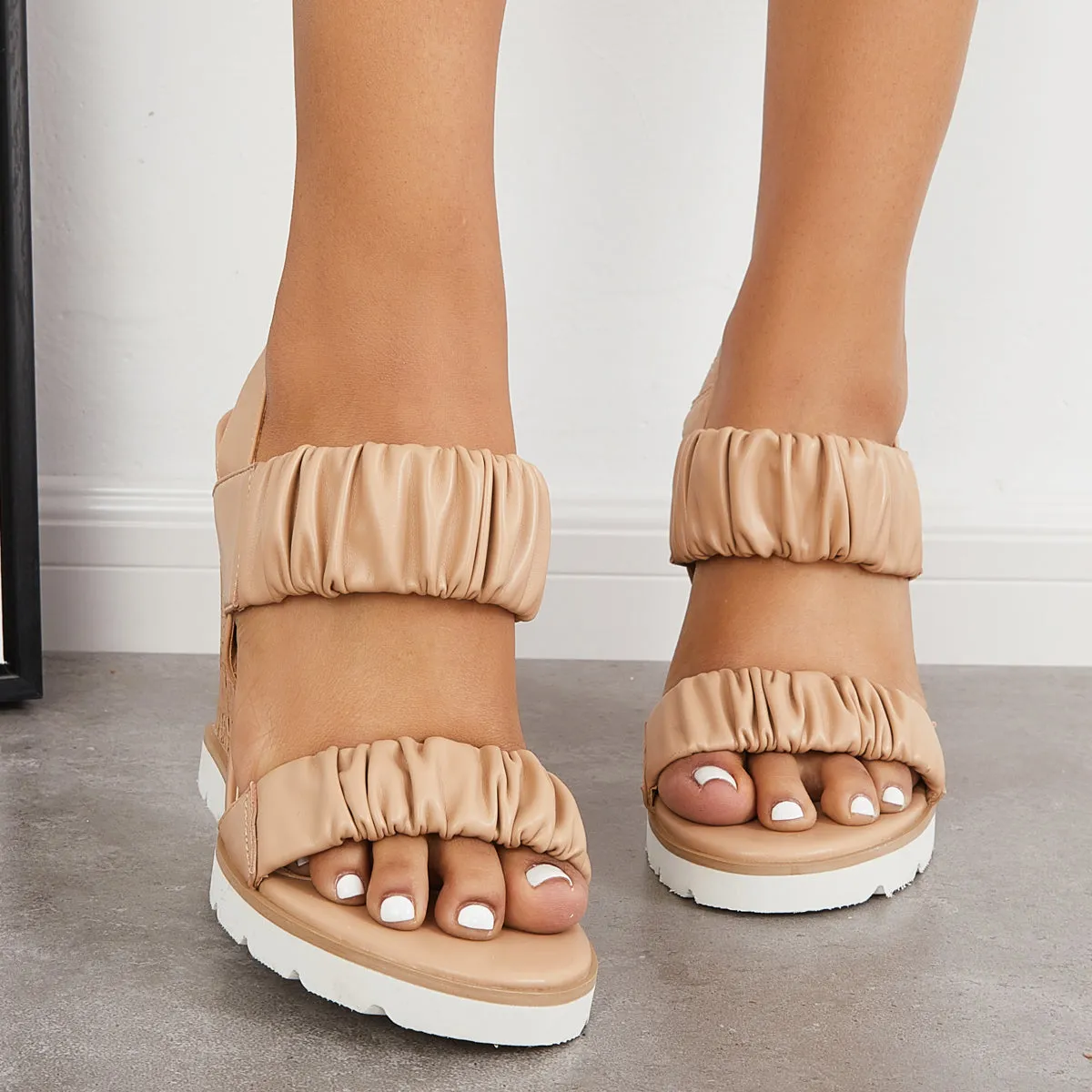 Sohiwoo Women Open Toe Ankle Strap Ruched Sandals Platform Wedge Heels