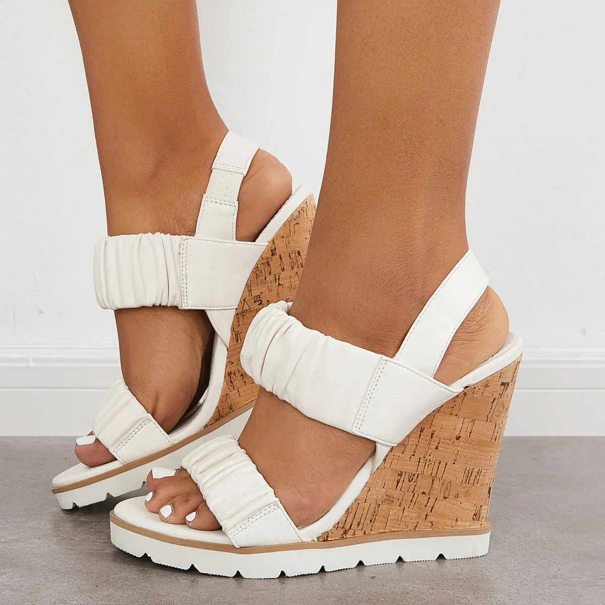 Sohiwoo Women Open Toe Ankle Strap Ruched Sandals Platform Wedge Heels