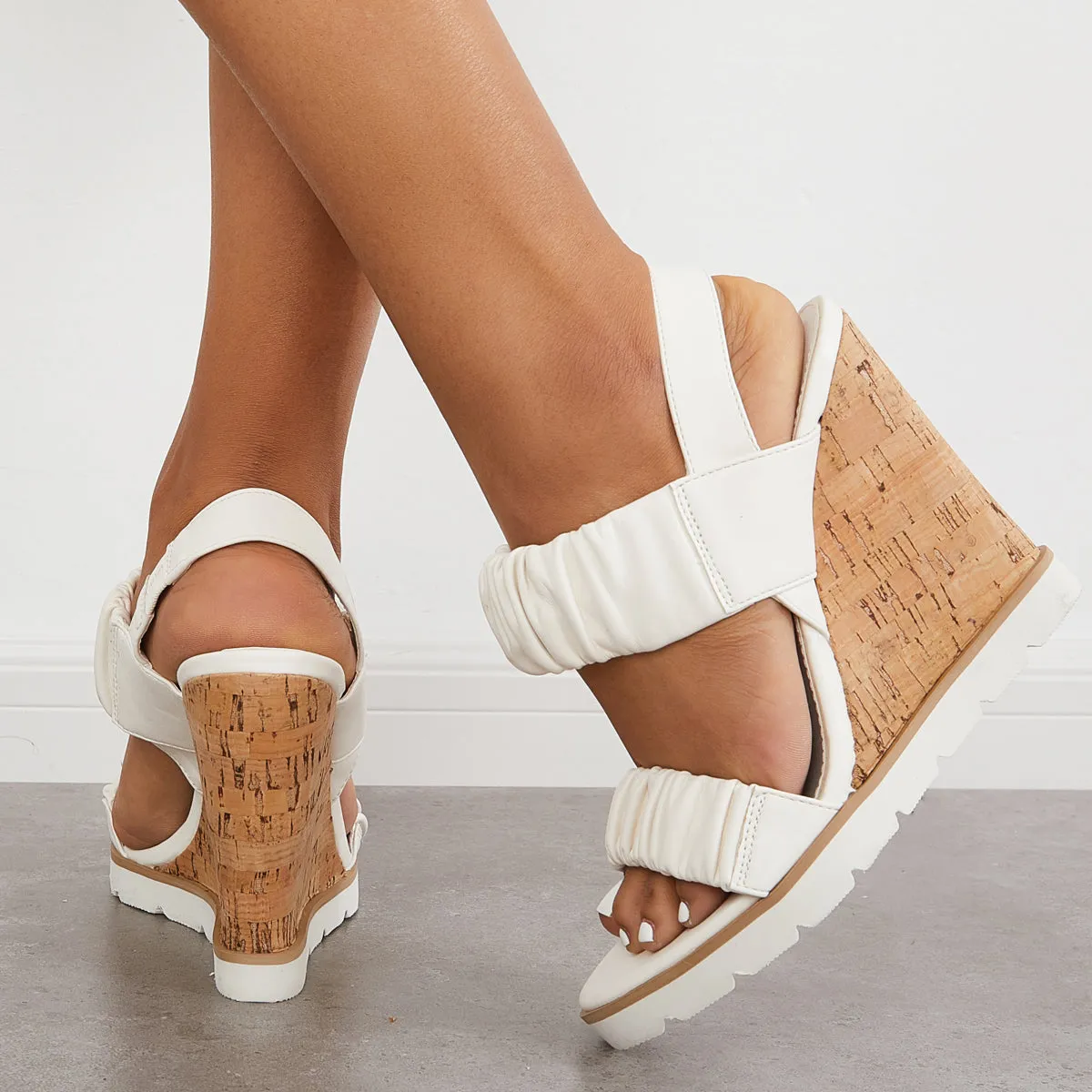 Sohiwoo Women Open Toe Ankle Strap Ruched Sandals Platform Wedge Heels