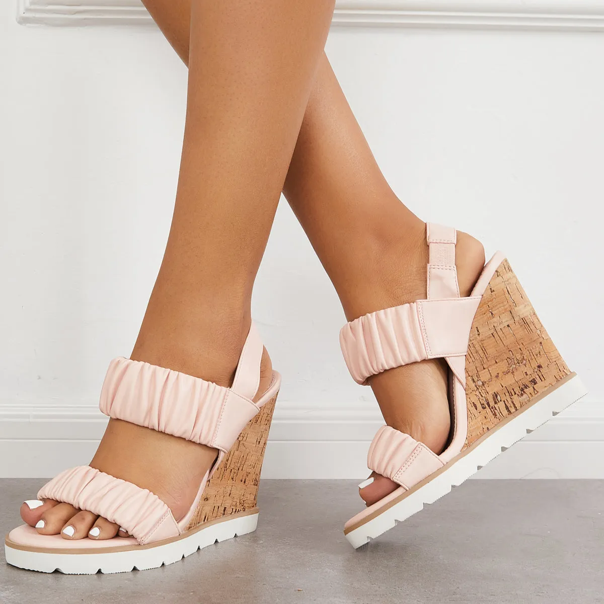 Sohiwoo Women Open Toe Ankle Strap Ruched Sandals Platform Wedge Heels
