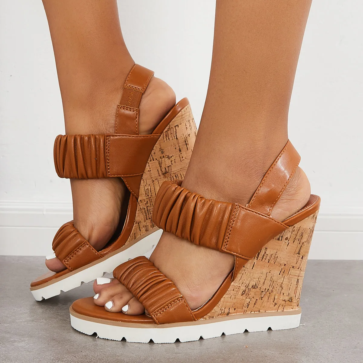 Sohiwoo Women Open Toe Ankle Strap Ruched Sandals Platform Wedge Heels