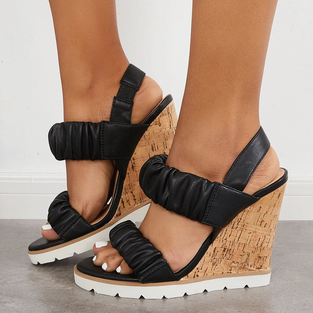Sohiwoo Women Open Toe Ankle Strap Ruched Sandals Platform Wedge Heels