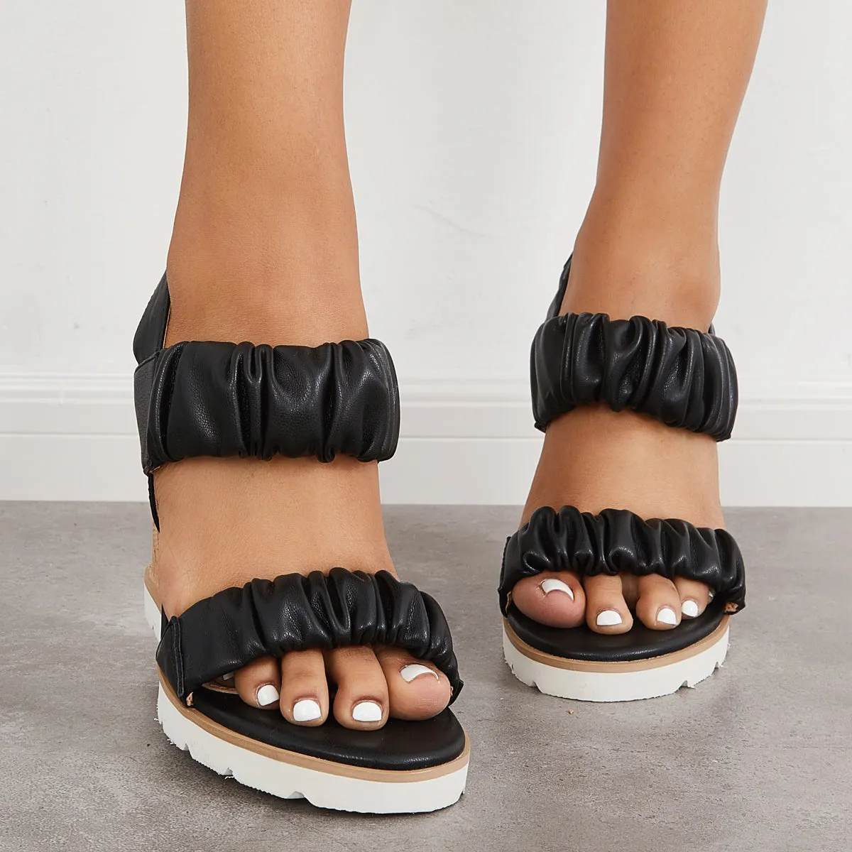 Sohiwoo Women Open Toe Ankle Strap Ruched Sandals Platform Wedge Heels