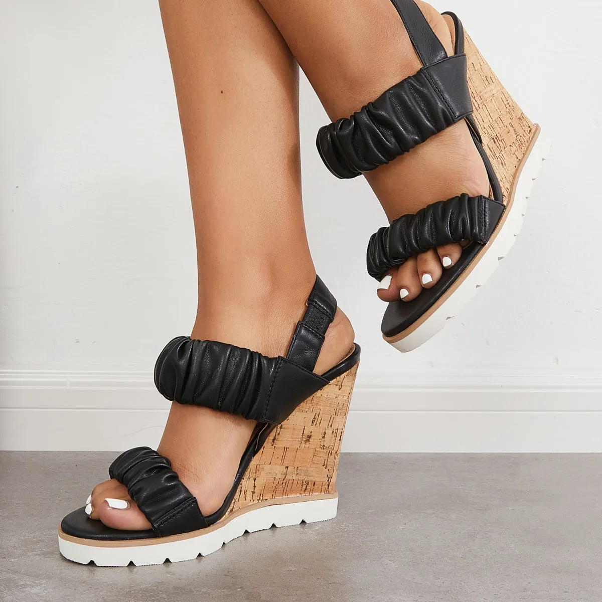 Sohiwoo Women Open Toe Ankle Strap Ruched Sandals Platform Wedge Heels