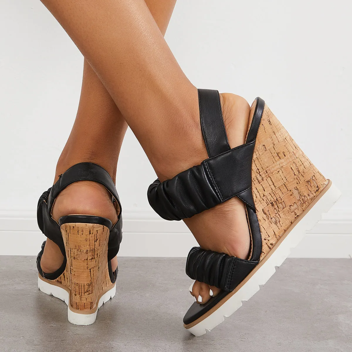 Sohiwoo Women Open Toe Ankle Strap Ruched Sandals Platform Wedge Heels